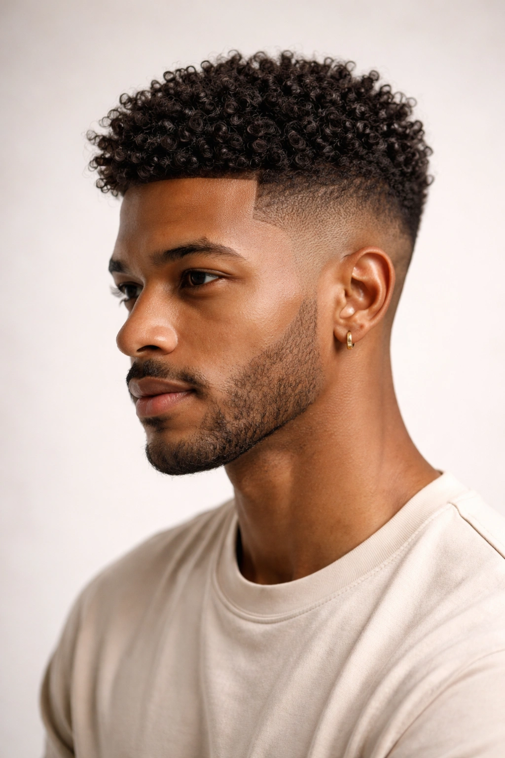 Close-up of taper top hairstyle with long top and short sides.