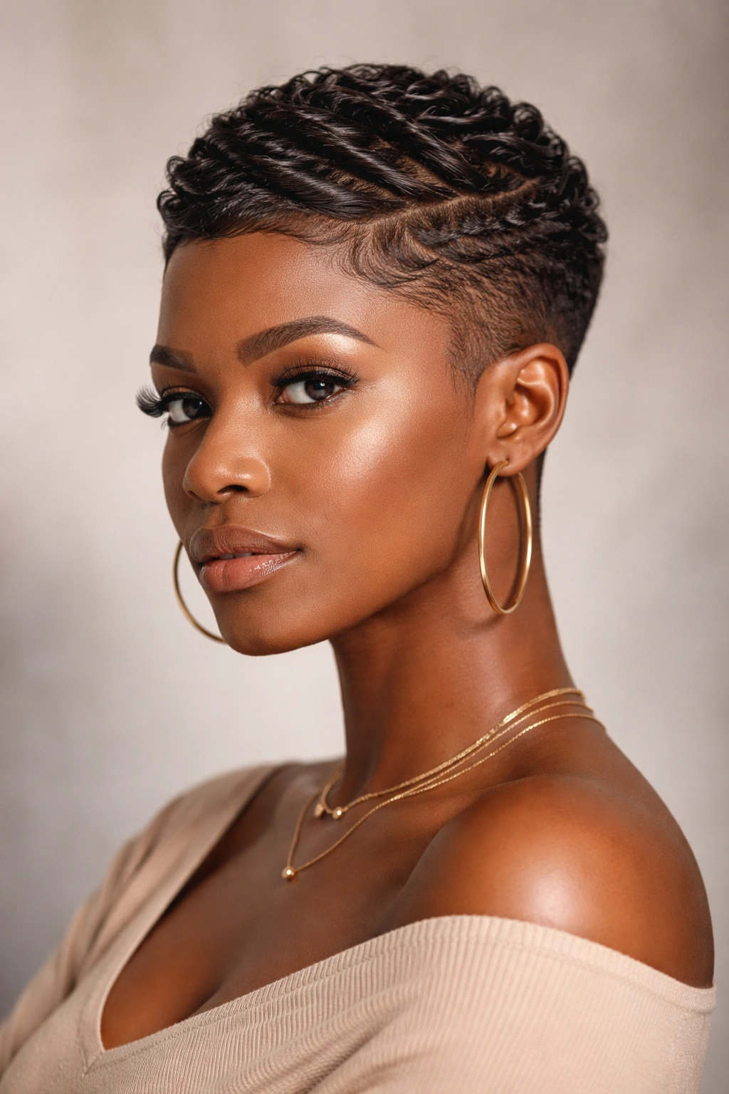 Close-up of a Black woman with a textured taper and waves.