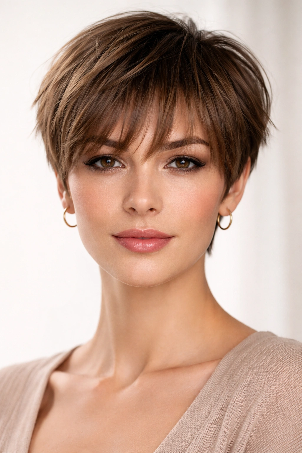 Front-facing portrait with taper and wispy bangs.