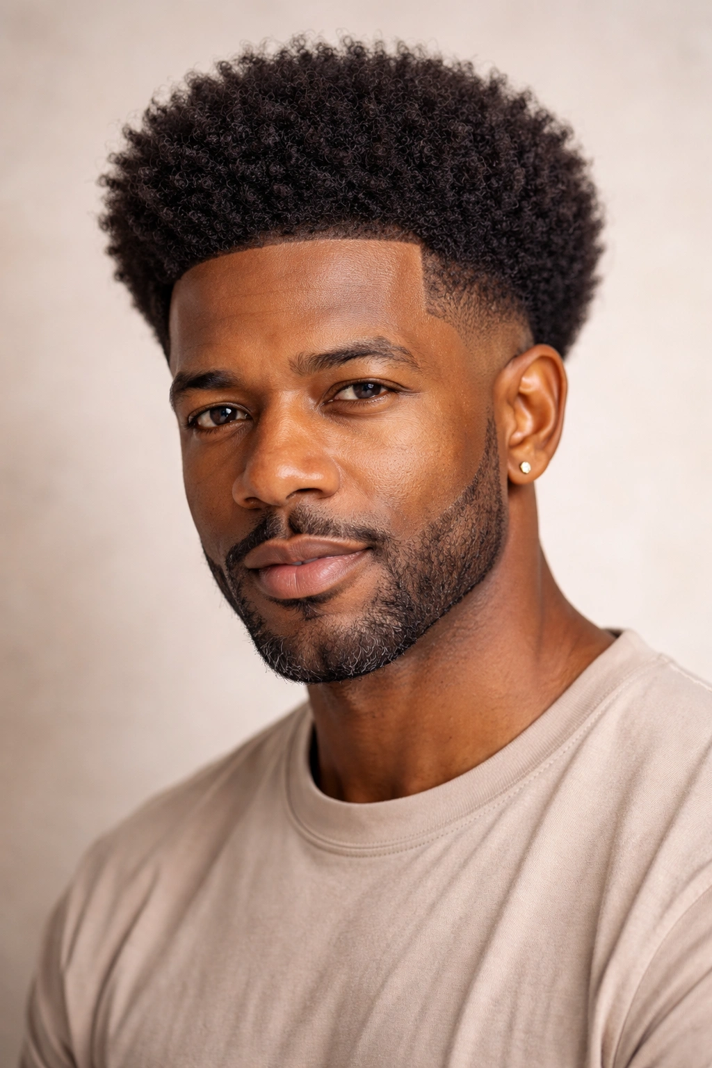 Close-up of a Black man with tapered Afro hairstyle, full textured top and tapered sides