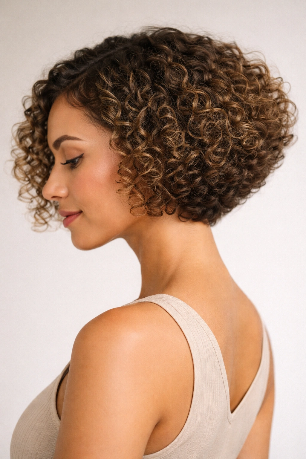 Close-up tapered angled bob for fine curls with weightless ends