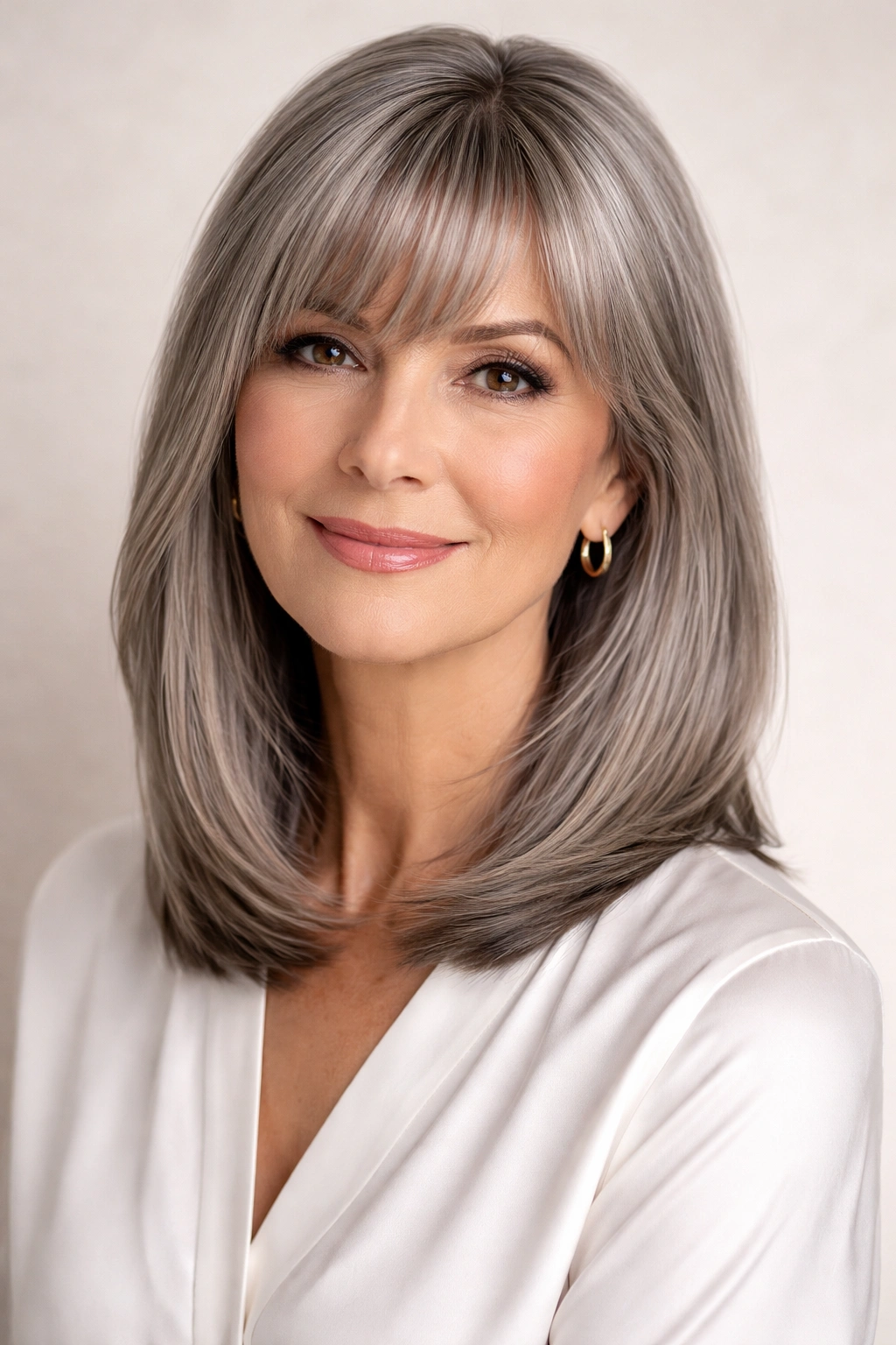 Tapered bangs and sleek lob on straight hair with a polished finish