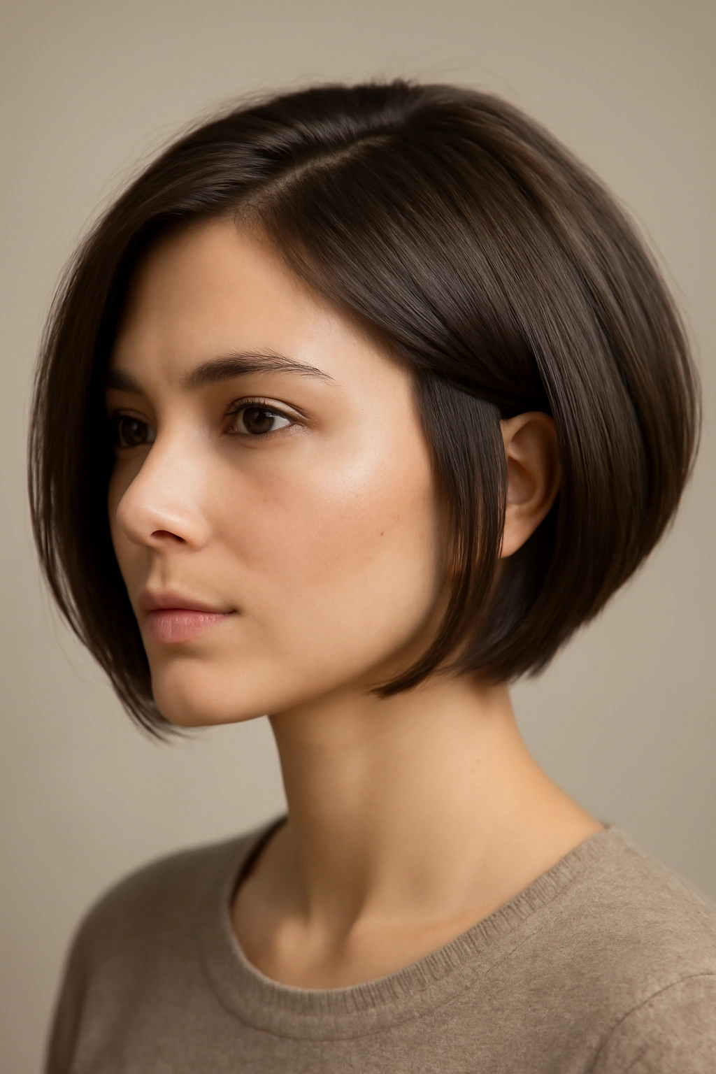 20 Short Bob Hairstyles You Can Style in Minutes 19 Close-up portrait of a model with a tapered bob showing longer front pieces and a short nape