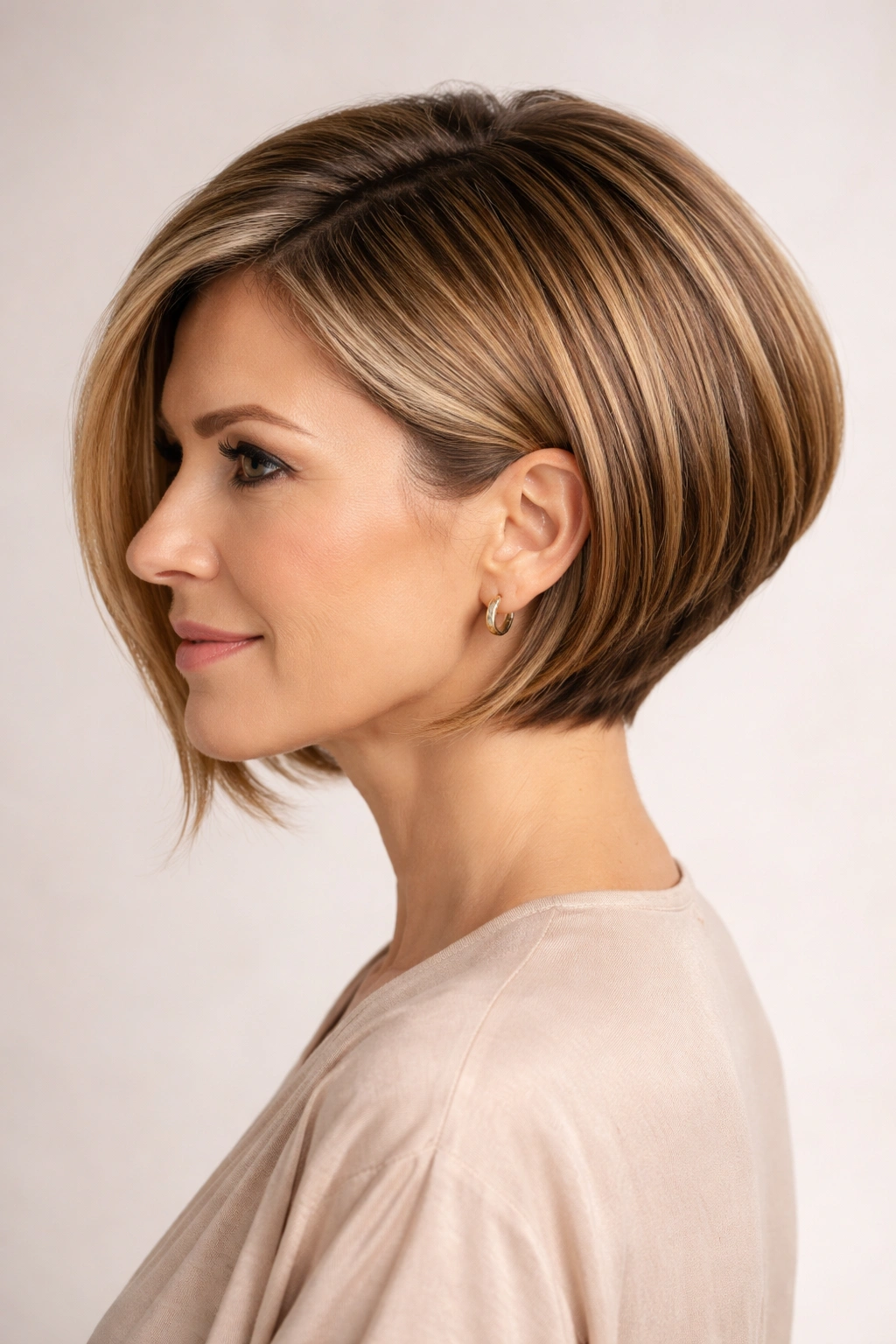 Portrait of a refined tapered bob showing a smooth back taper and longer front.