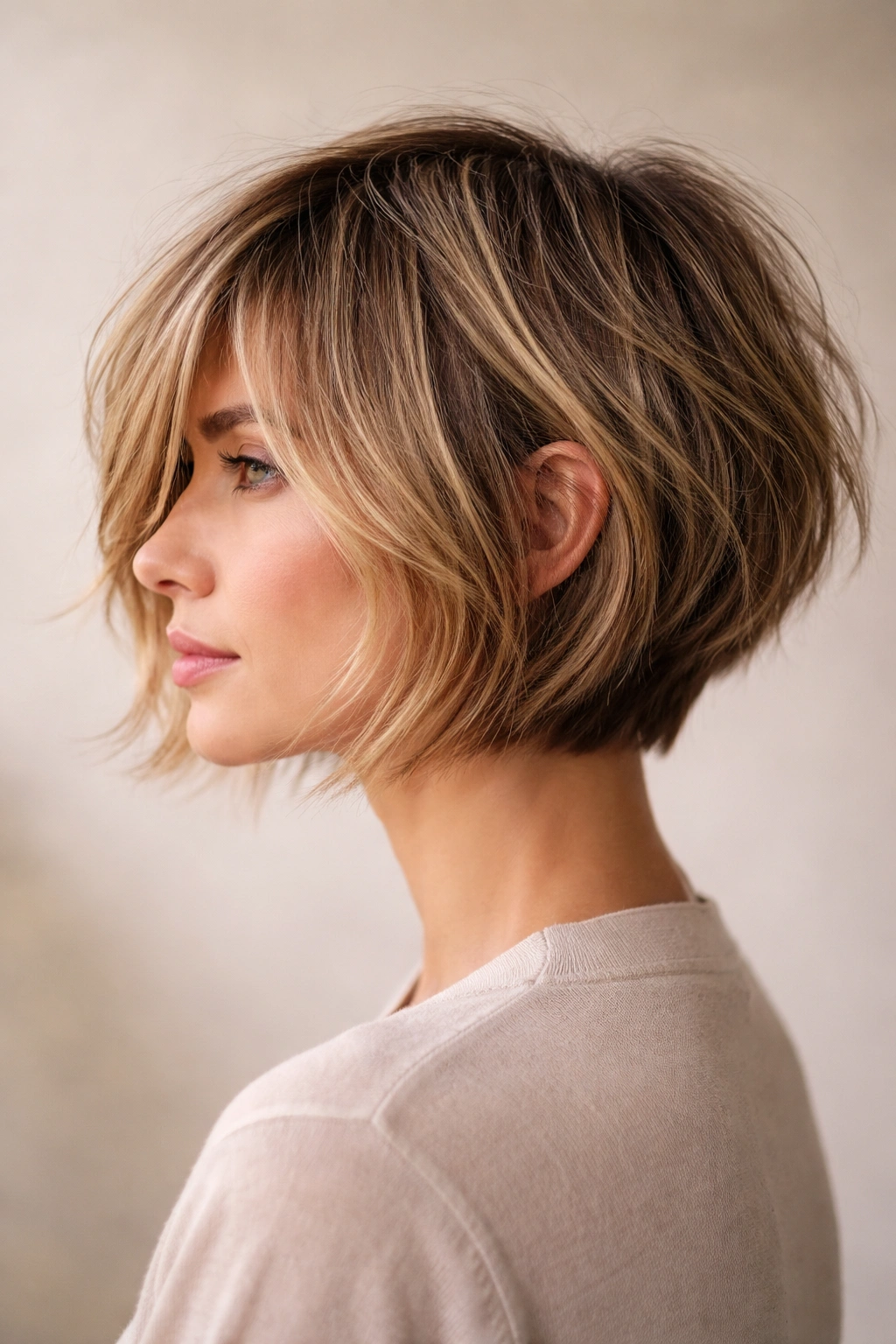 10 Messy Textured Haircuts With Effortless Volume 10 Side view of a textured tapered bob with back taper and piece-y layers