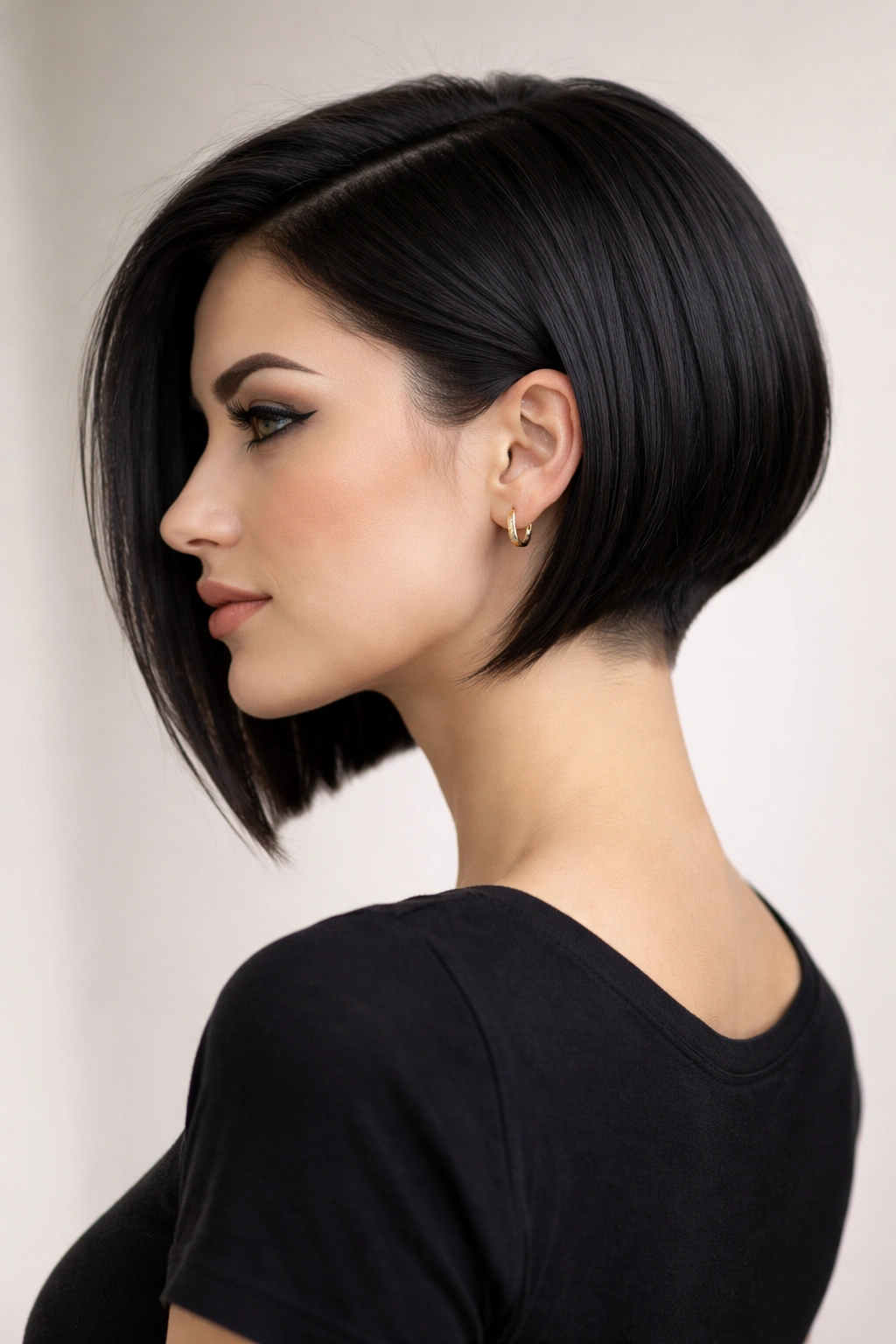 10 Sleek Bob Haircuts Made For Straight Hair 7 Profile view of a model with a tapered bob and visible undercut at the nape