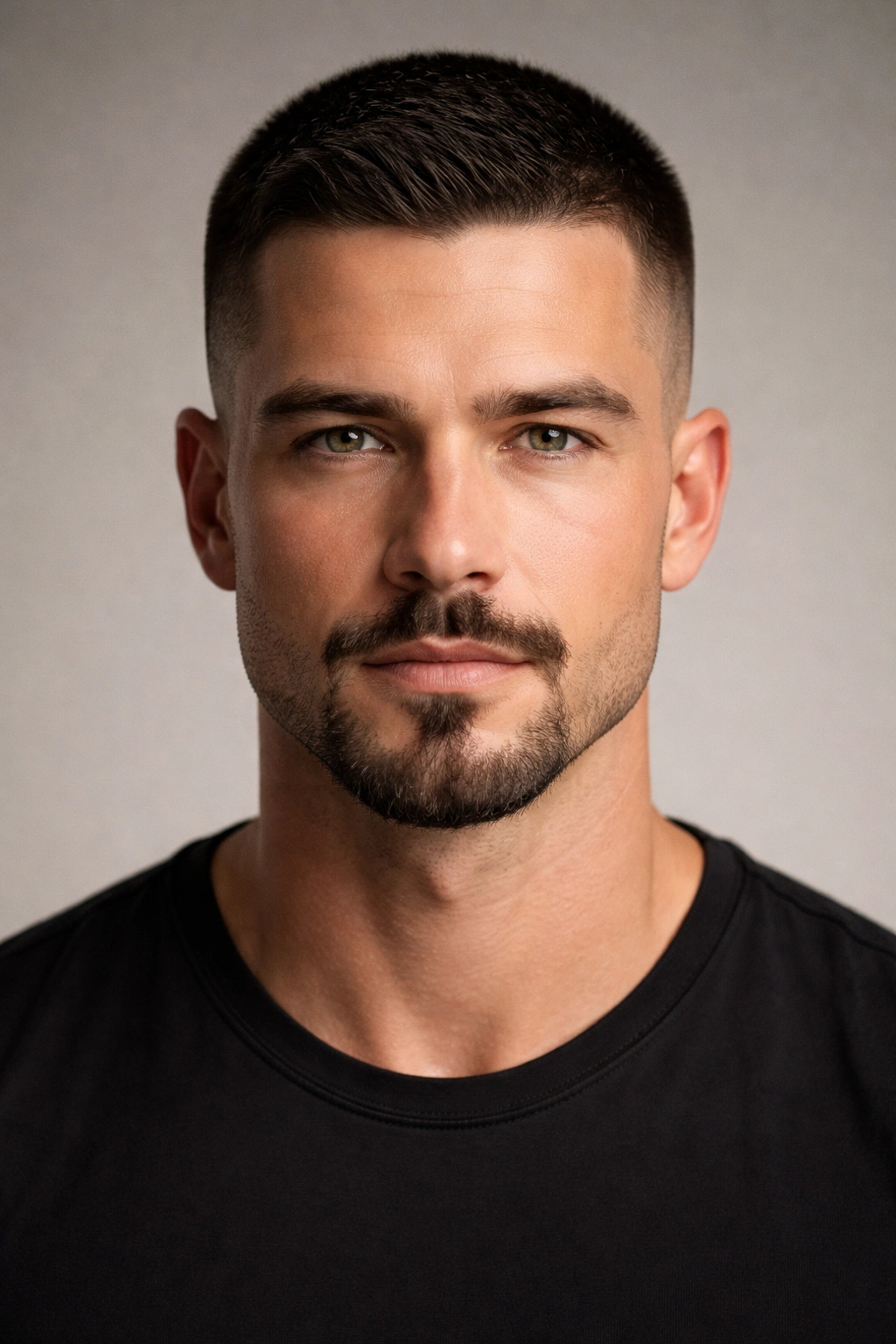 Close-up portrait of a man with a tapered buzz cut and anchor beard with sharp jawline edges.