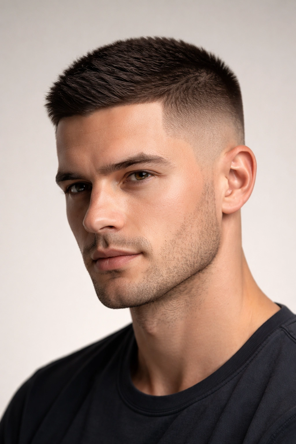 Close-up of tapered buzz cut with subtle top length and soft fade