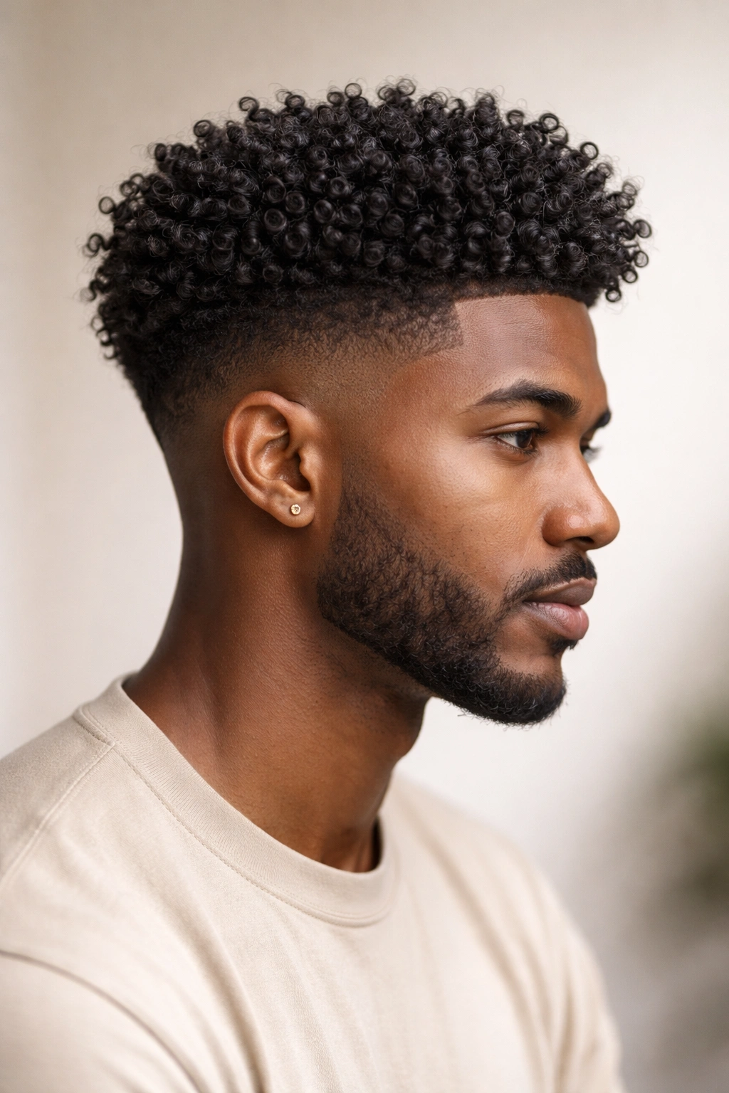 12 Textured Haircuts Organized By Curl Pattern 10 Side profile of a person with a tapered coil cut highlighting top length and tapered sides