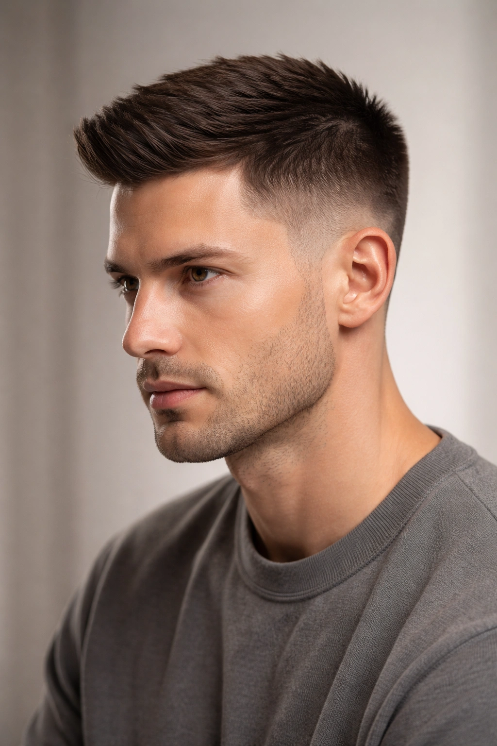 Three-quarter view of tapered crew cut with gradual side taper