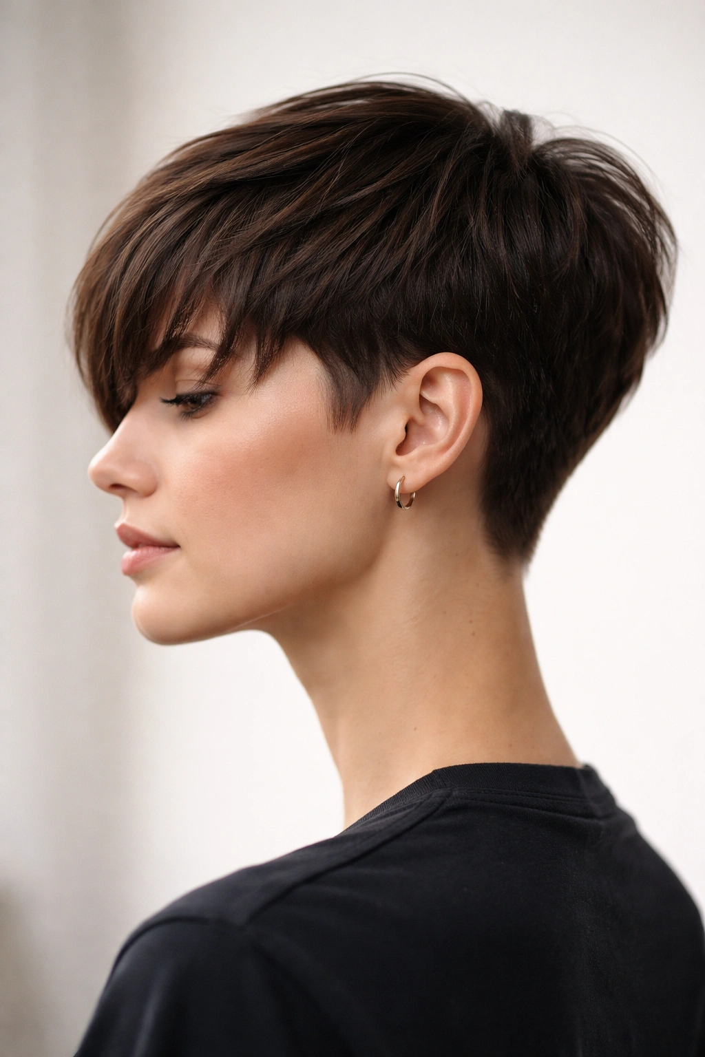 20 Really Short Haircuts Anyone Can Pull Off 14 Side profile of a tapered crop with longer bangs framing the face