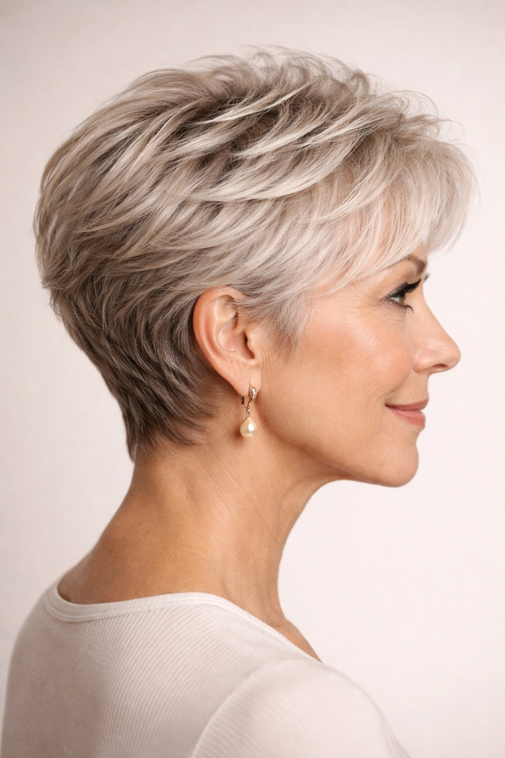Tapered crop with feathered layers on a mature head, side profile