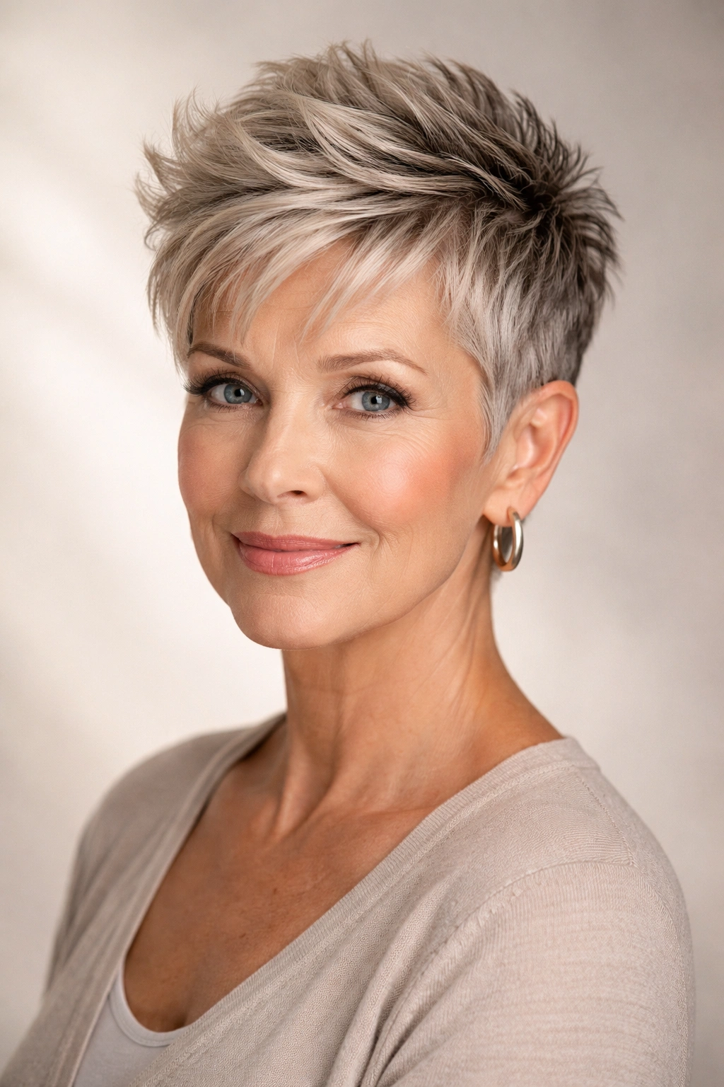 Portrait of a woman with a tapered crop and voluminous top.