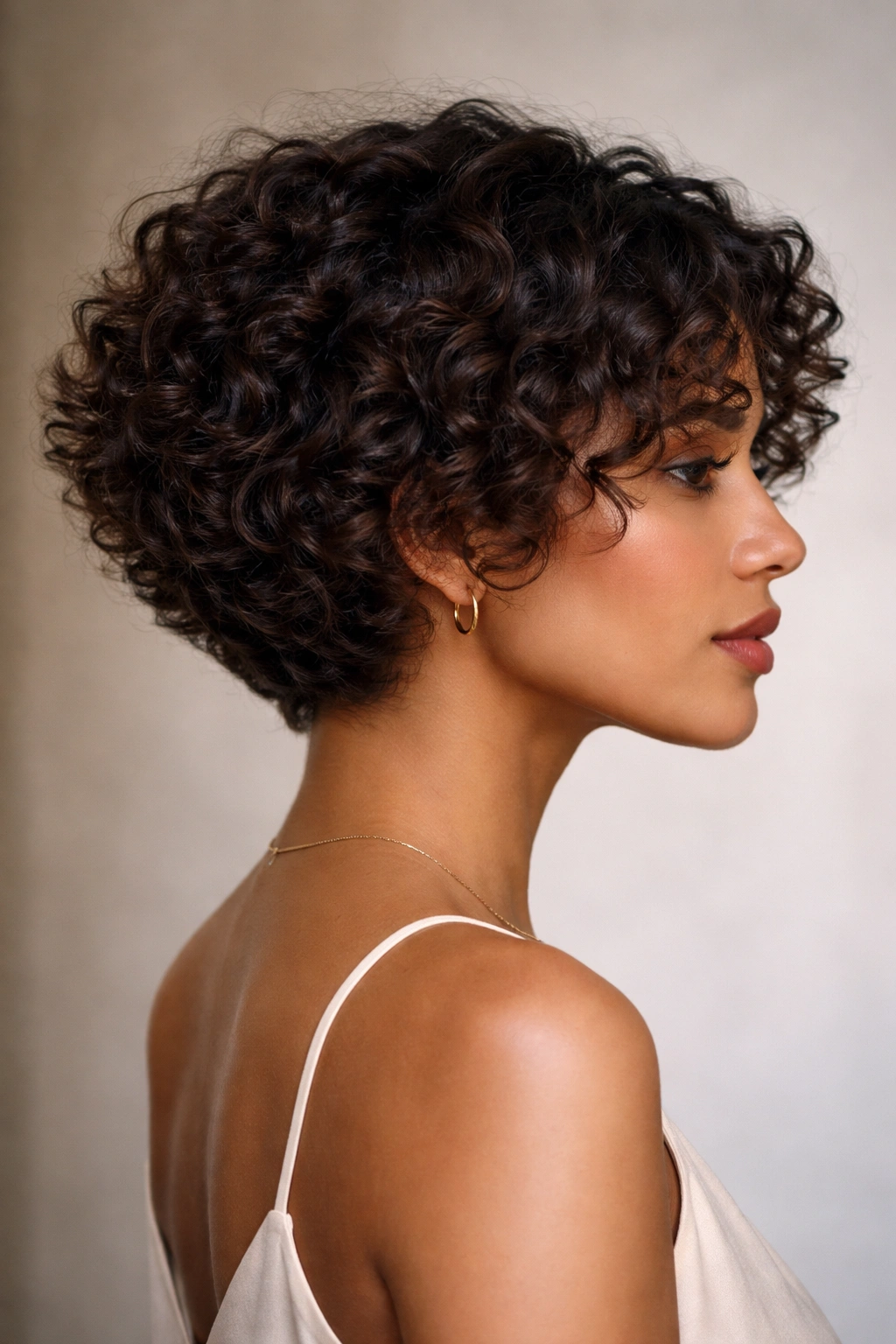 20 Short Curly Haircuts To Try Today 3 Profile view of The Tapered Curl Bob showing a tapered back and face-framing curls.
