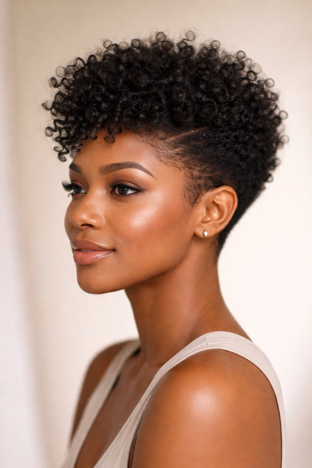 20 Short Natural Hairstyles You Ll Want To Try 7 Close-up portrait of a person with a tapered curl cut, curls defined along a rounded silhouette.