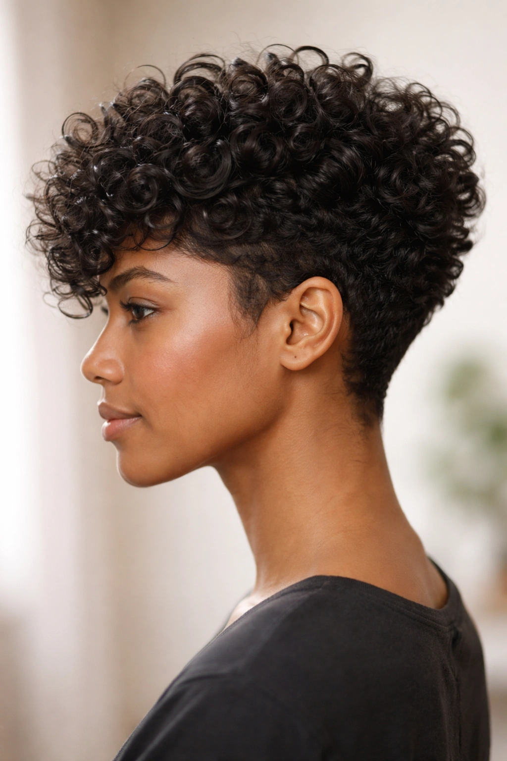 10 Short Curly Pixie Cuts For Natural Texture 2 Side profile of a tapered curl stack pixie showing stacked curls