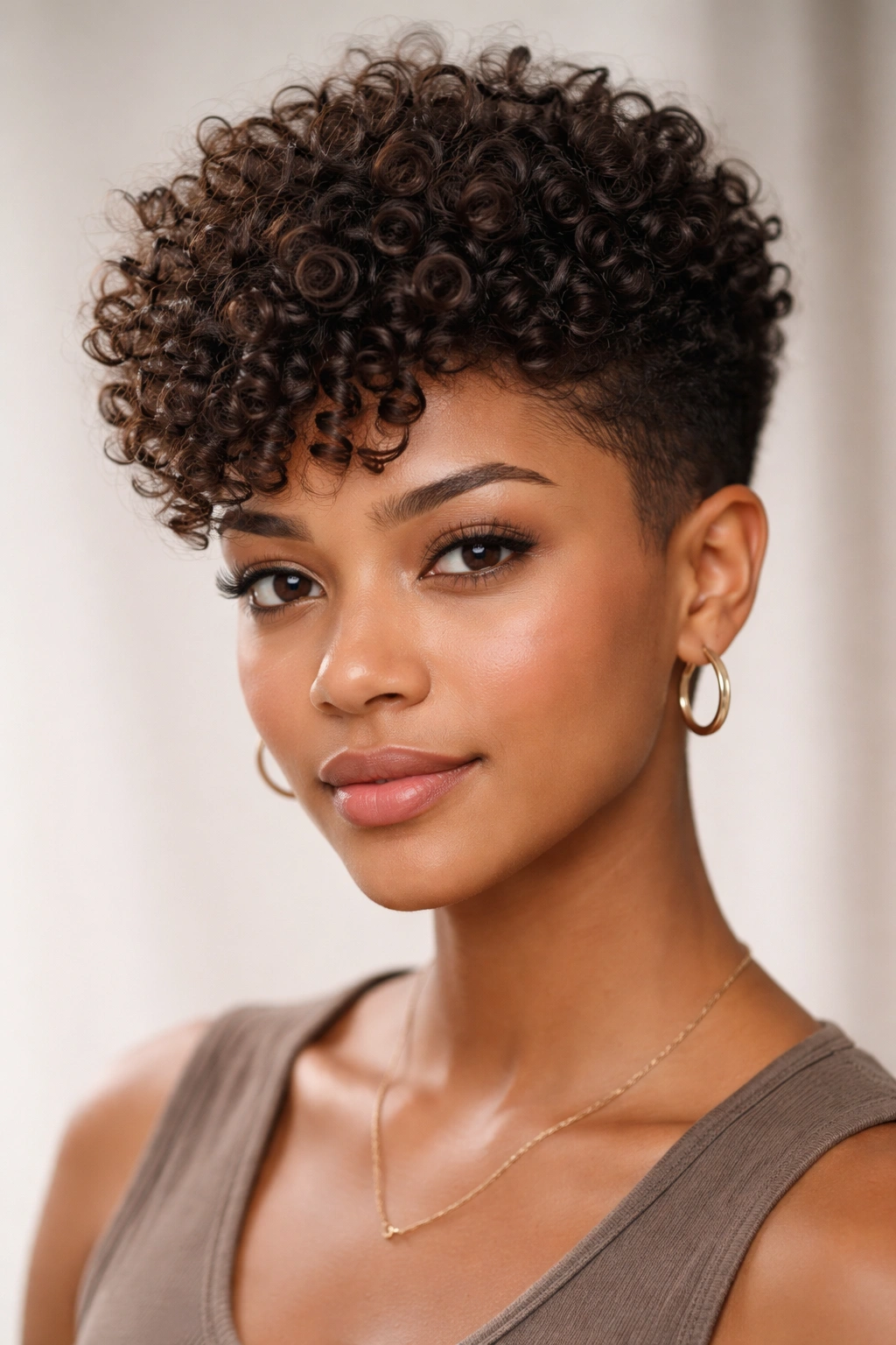 Tapered curl cut hairstyle with long top curls and short sides