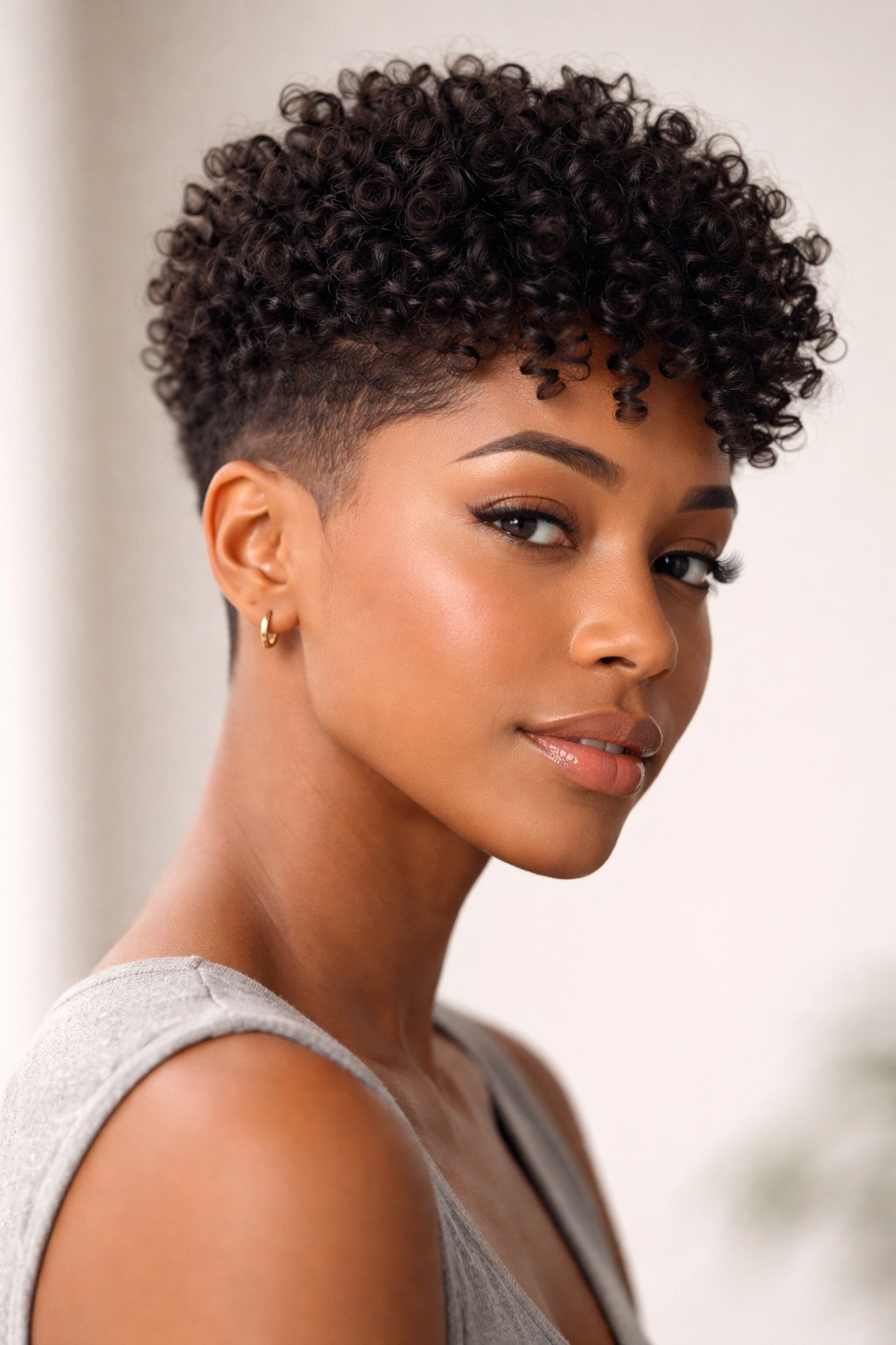 Close-up of tapered curl cut with short sides and longer top showing defined curls
