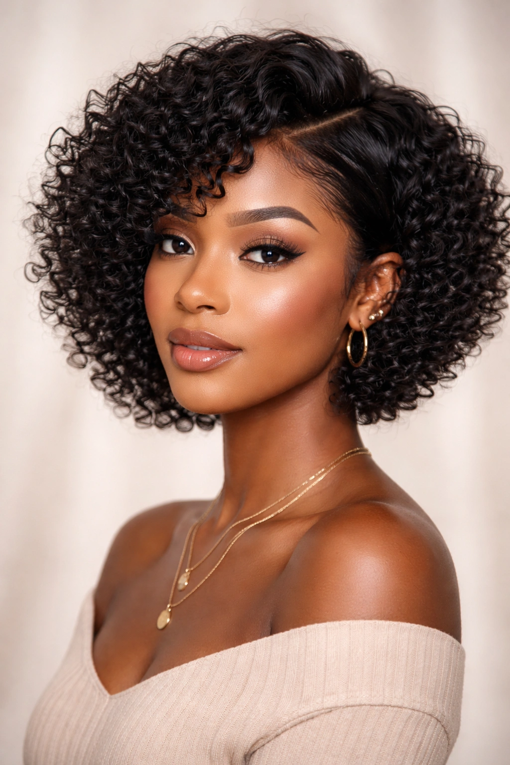 Close-up of a curly weave bob with tapered sides and back.