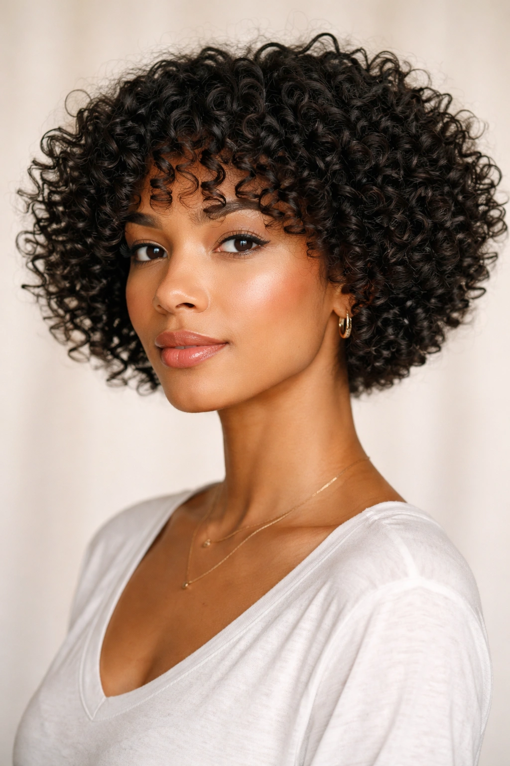 Portrait of a tapered curly bob highlighting front length and back taper