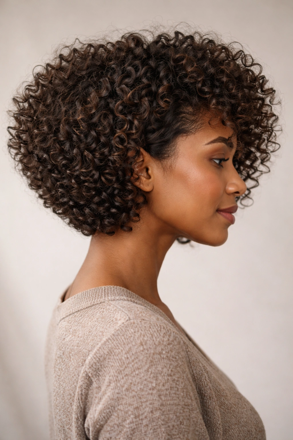 Profile shot of a woman with a tapered curly bob showing shorter back and longer front
