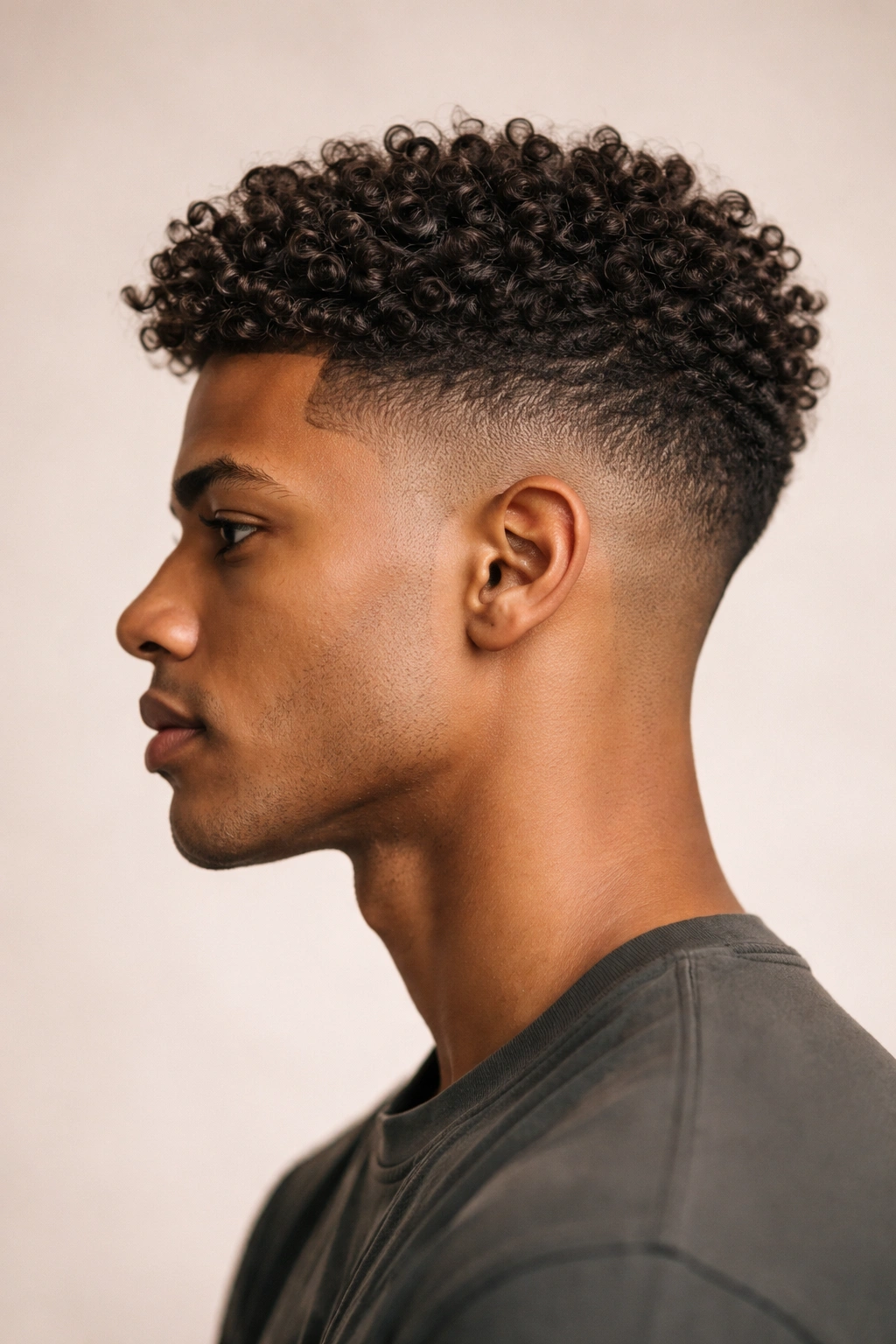 Side profile of a tapered curly crop with gradual temple-to-ear taper