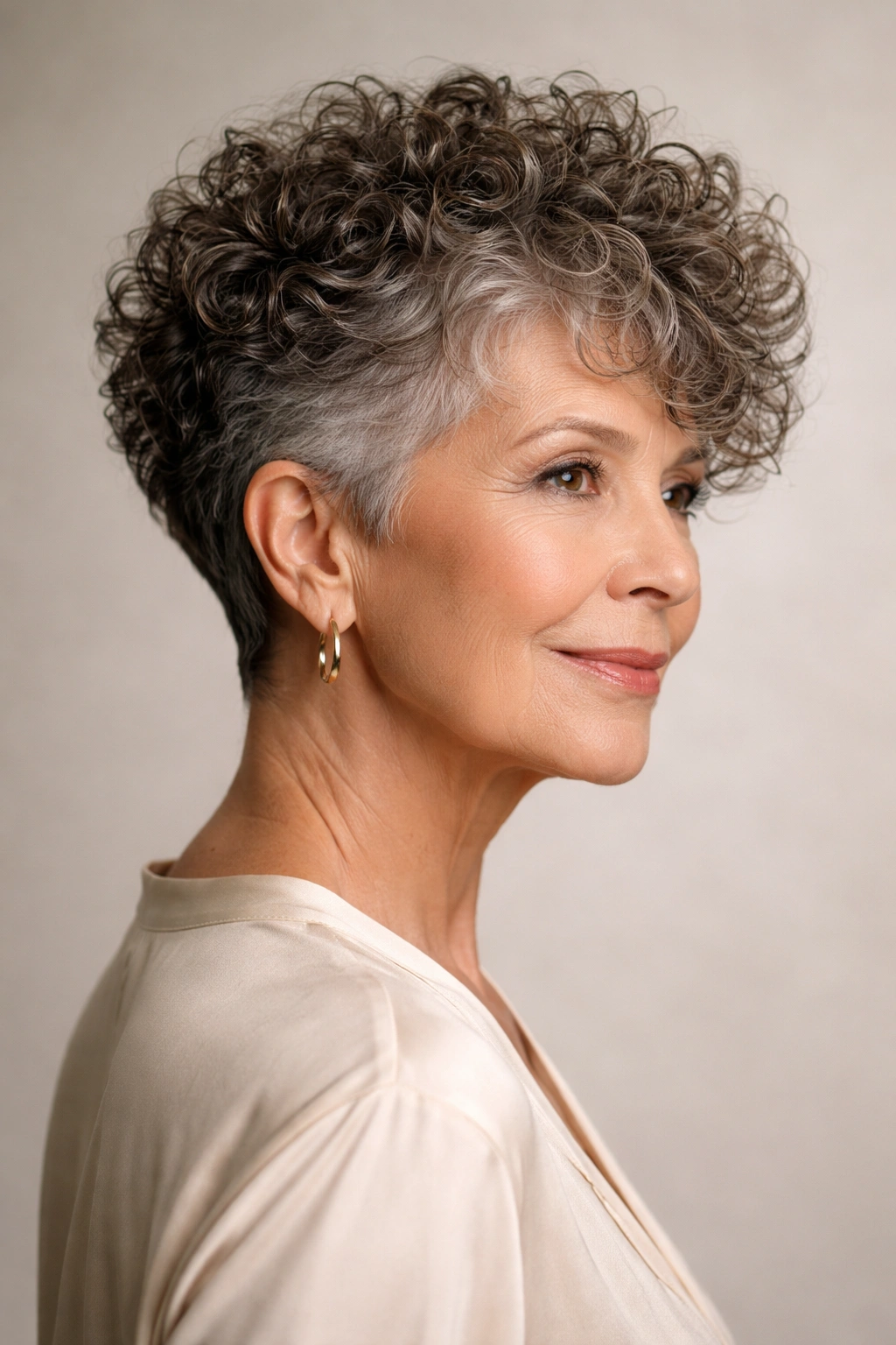 Tapered curly crop with modern silhouette and top volume.