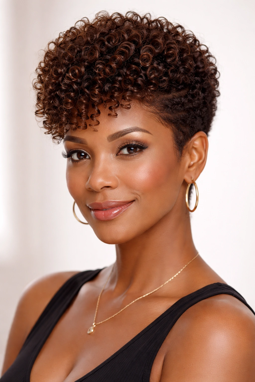 Tapered curly crop with walnut brown shine
