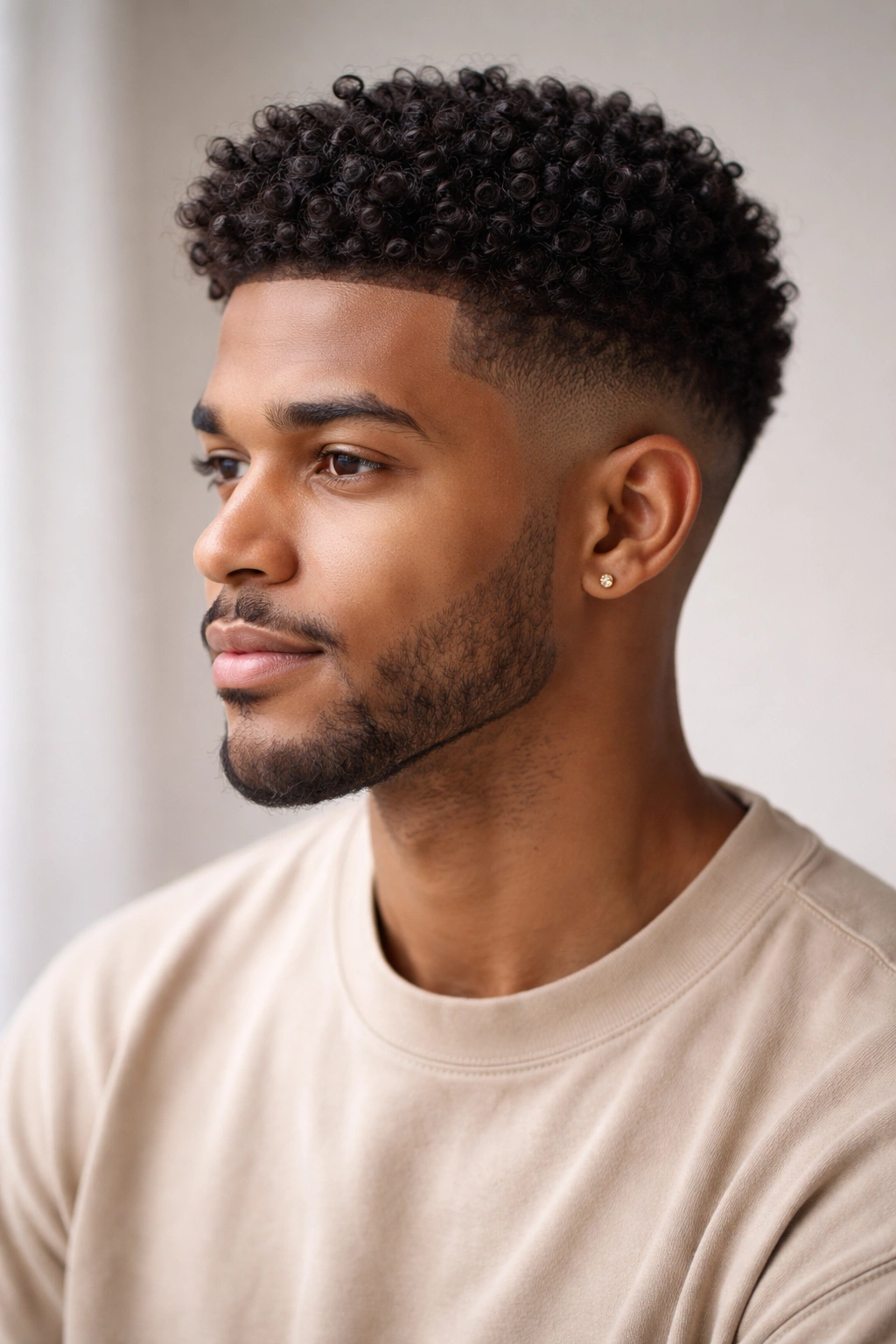 Close-up portrait of a person with a tapered curly crew cut highlighting curl texture