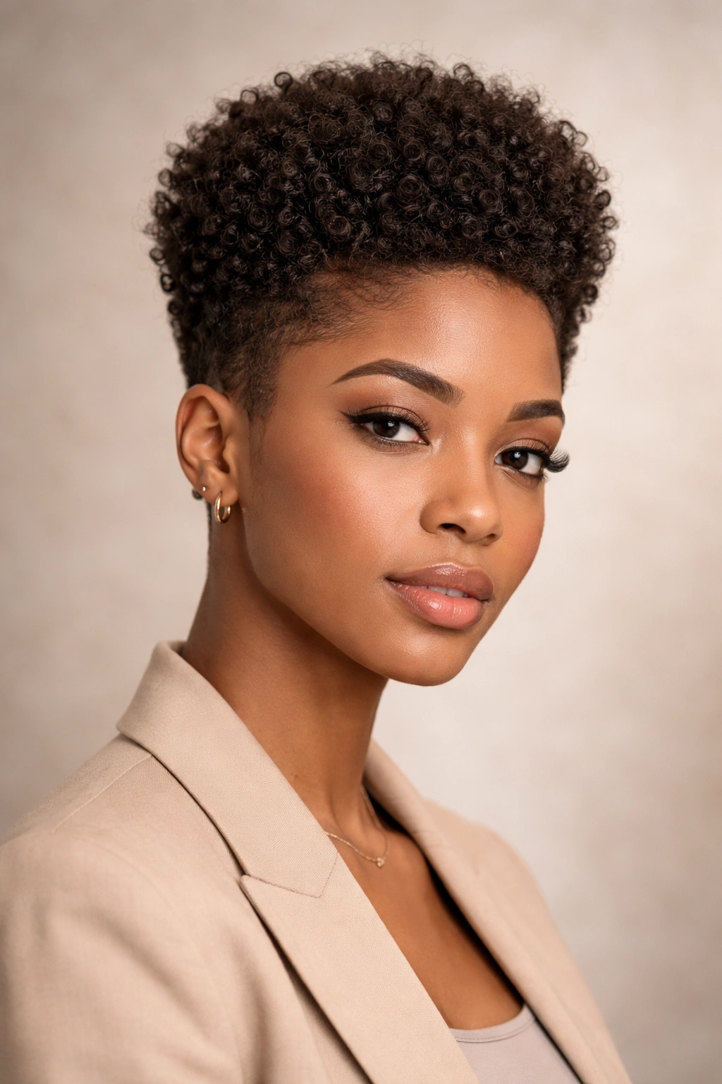 Close-up of a tapered cut hairstyle with crisp sides and a longer top, studio lighting