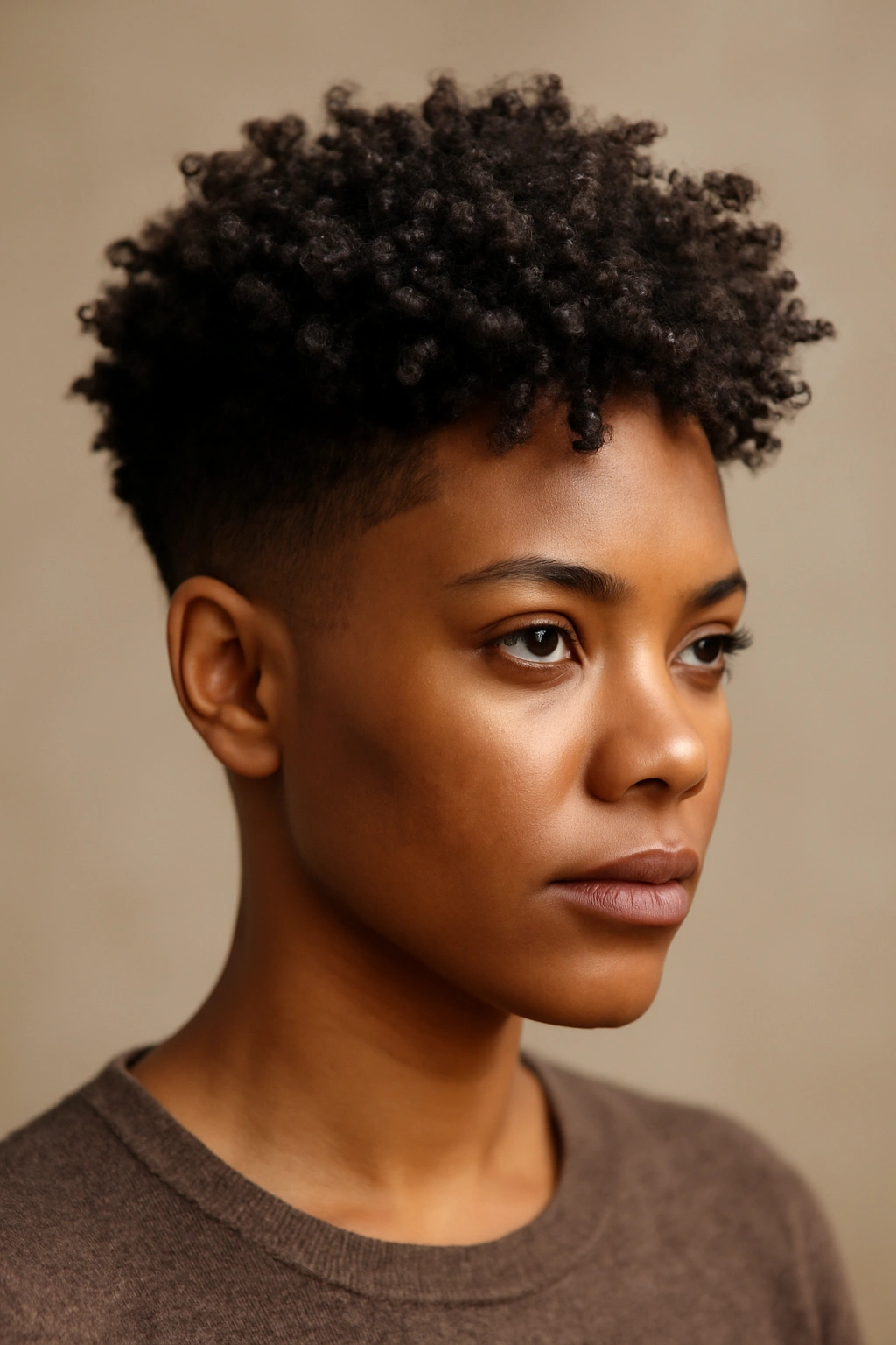 12 Short Curly Natural Hairstyles for Black Women 1 Close-up of a Black woman with a tapered cut and textured crown, highlighting curl texture and face framing