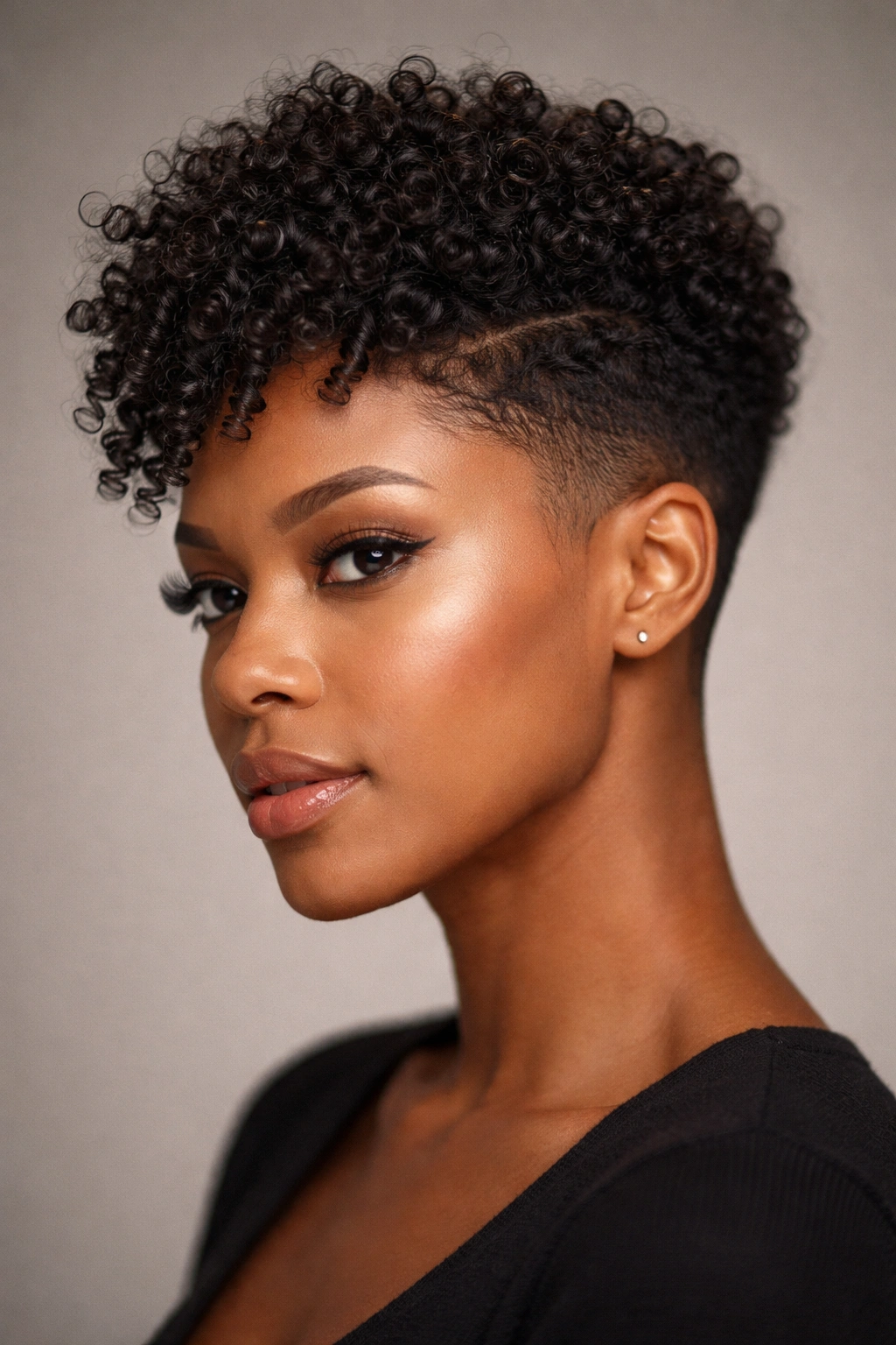 Close-up portrait of a tapered cut with short sides and defined top curls.