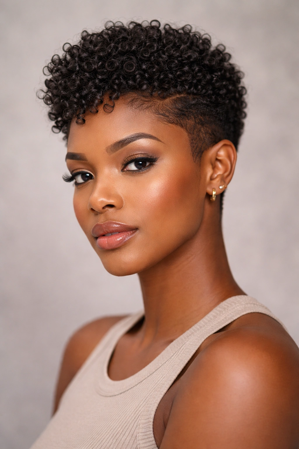Close-up portrait of a Black woman with a classic tapered cut showing defined curls.