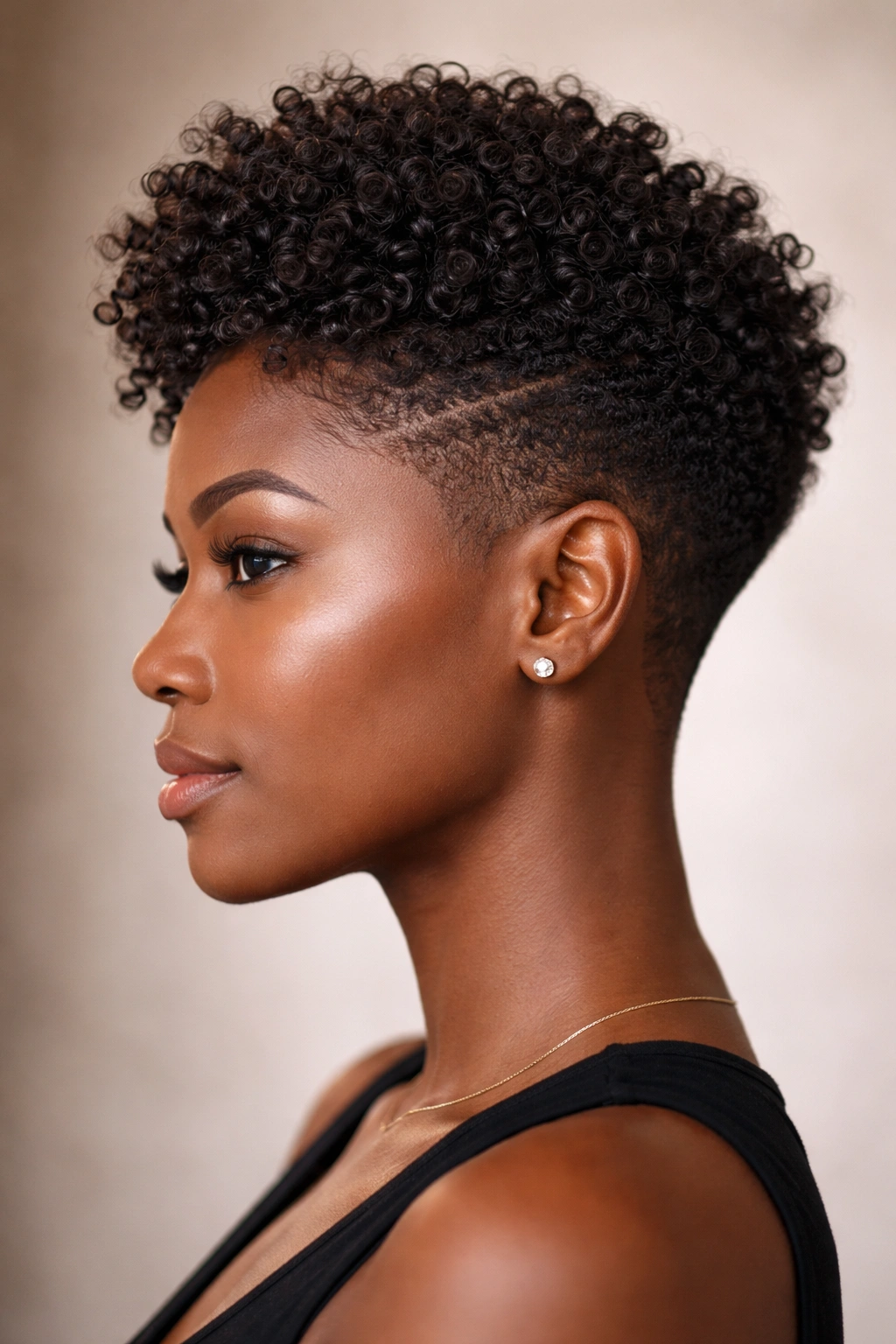 Close-up of a Black woman's tapered sides with defined top curls and crown volume