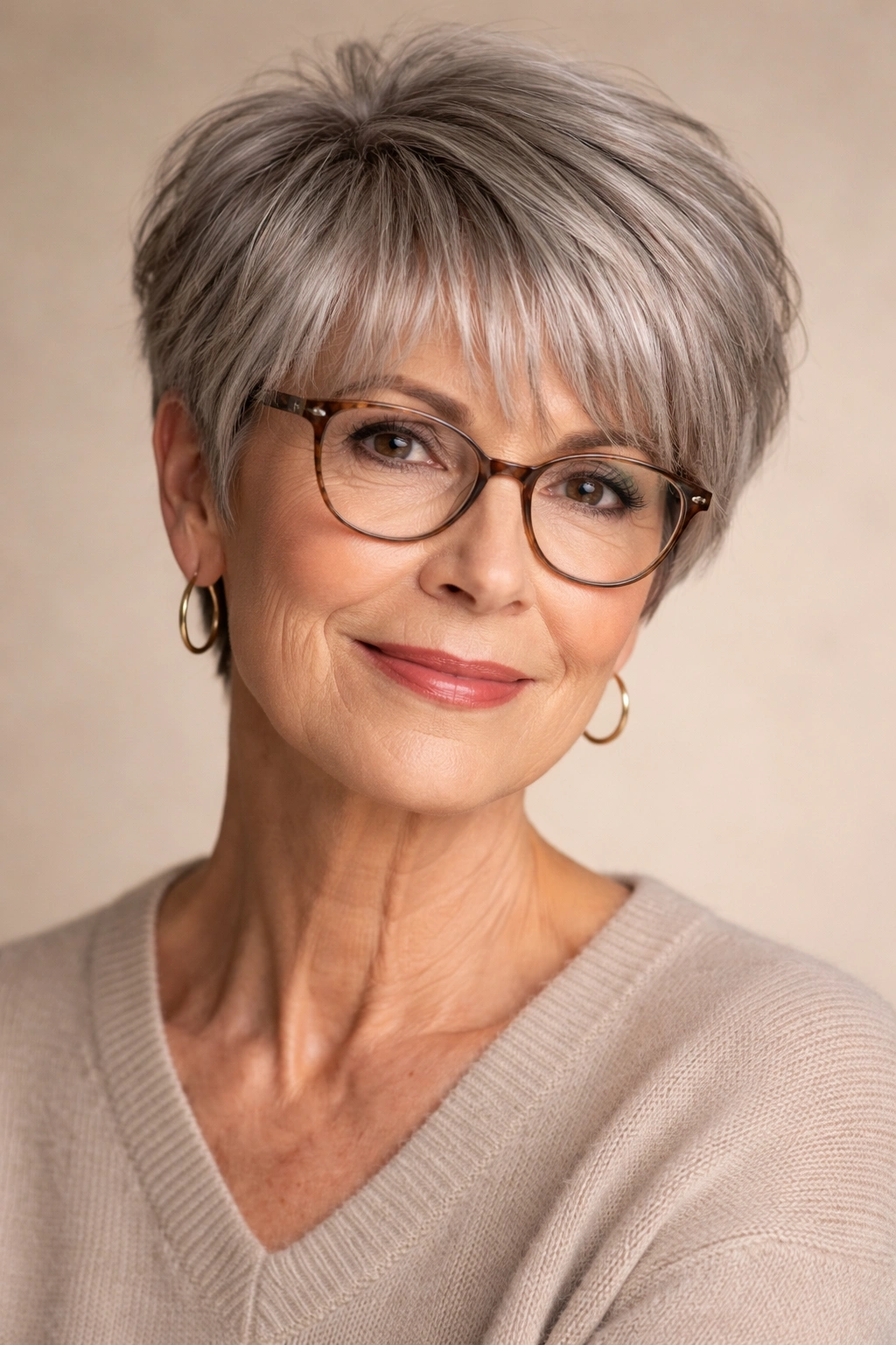 Portrait of a woman with a tapered cut and long bangs
