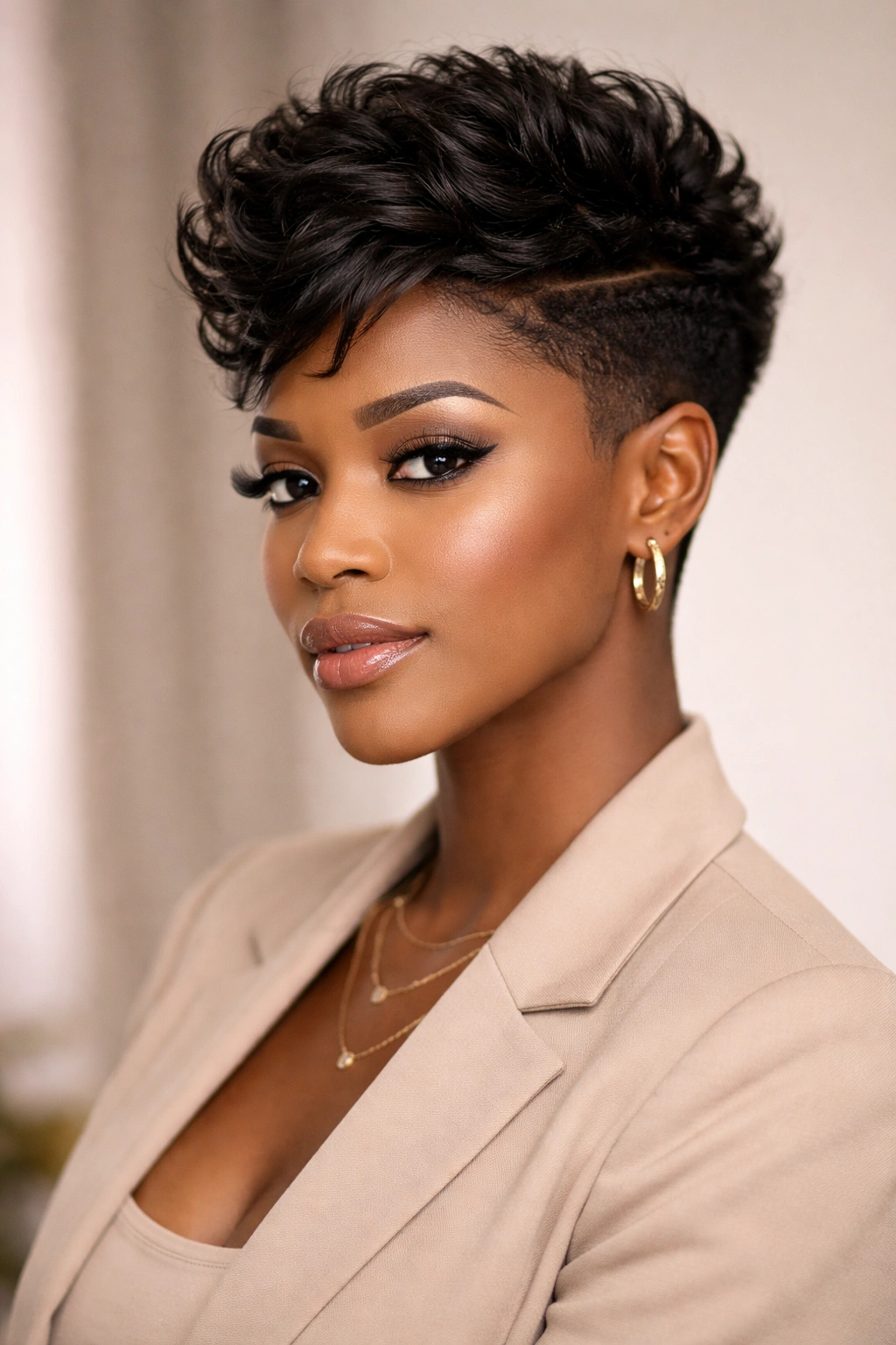 Close-up portrait of a Black woman with a tapered cut sew-in showing tapered sides and top