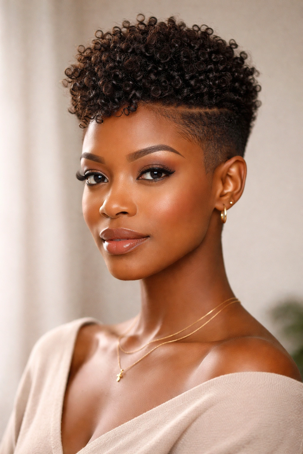 Close-up of a Black woman with a tapered fade and textured crown, showing natural curls