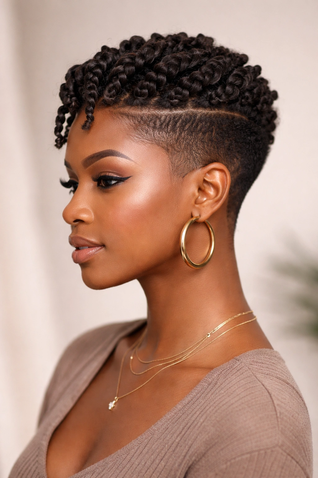 Three-quarter portrait of a Black woman with a tapered cut and twisted crown