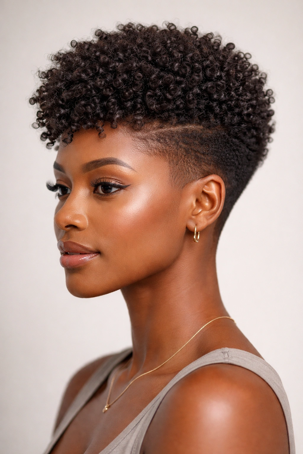 Three-quarter view of tapered cut Type 4 coily hair with gradient sides and longer crown.