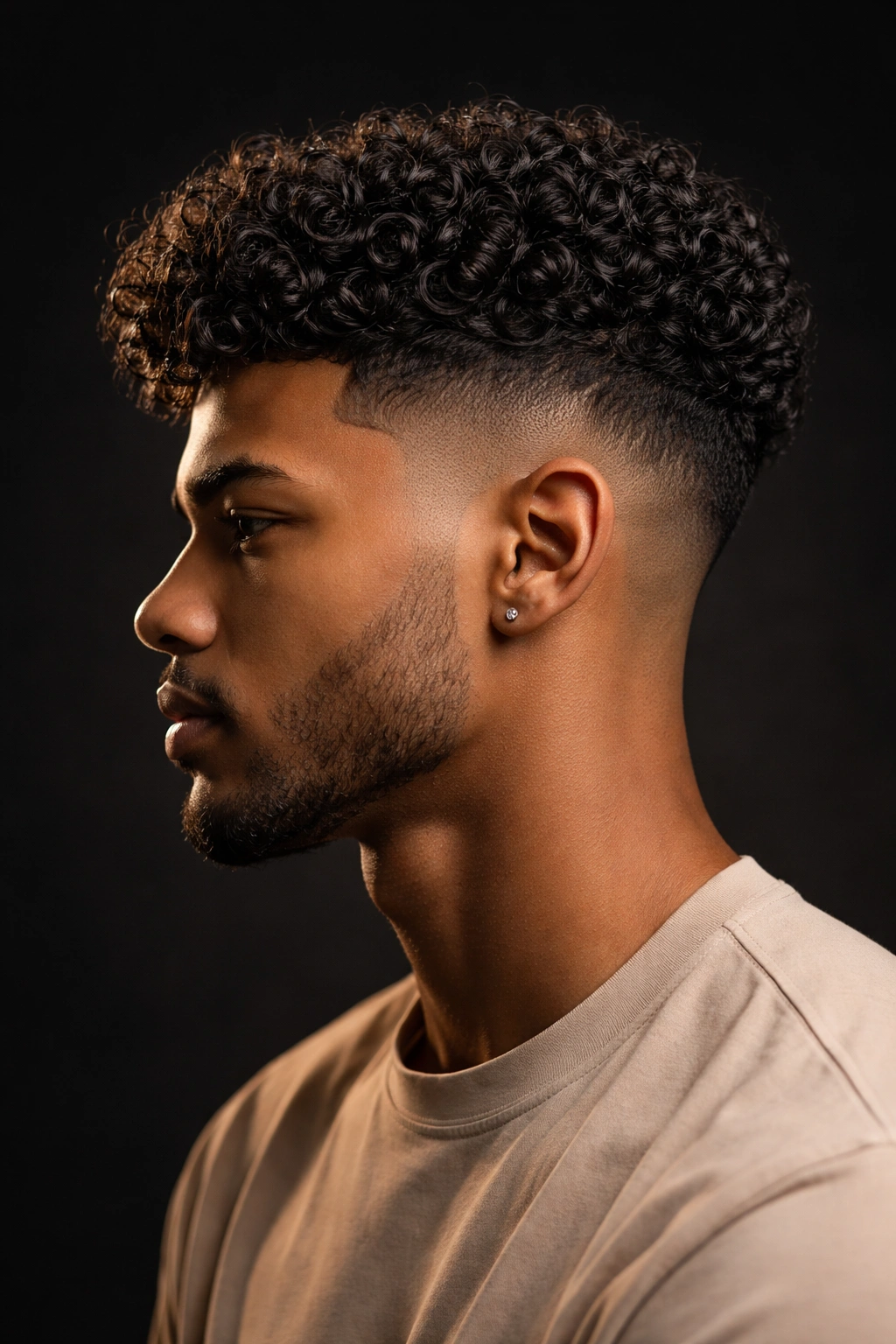 Profile view of a person with a tapered fade and curly top.