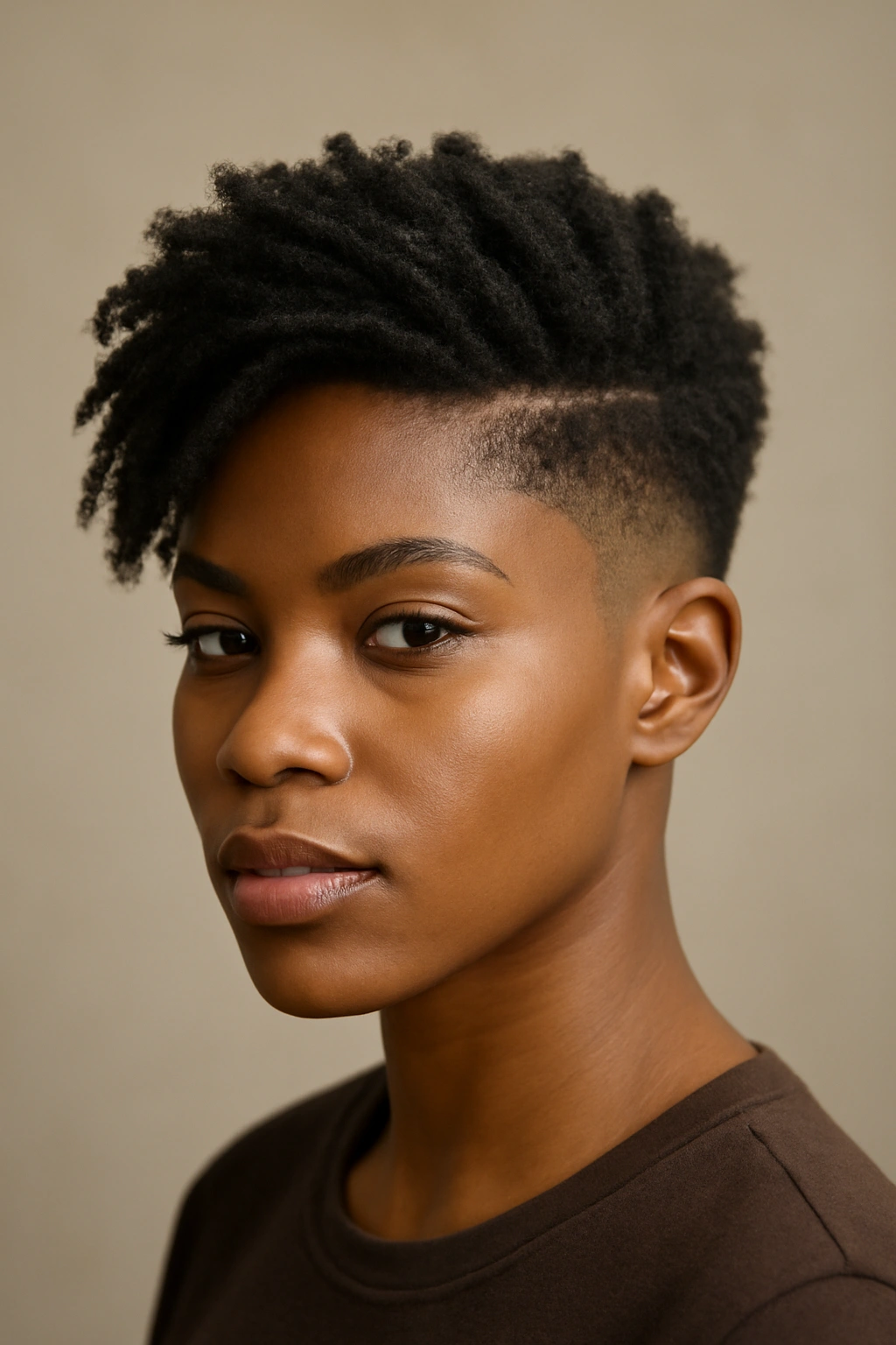 12 Bob Haircuts for Black Women Worth Bookmarking 7 Close-up portrait of a Black woman with a tapered fade bob in studio lighting highlighting fade lines