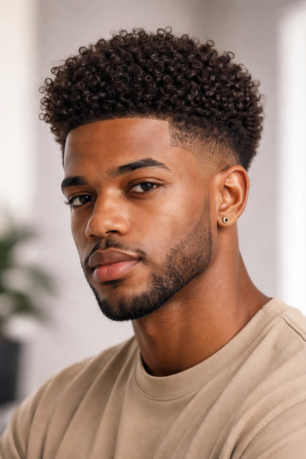 Close-up of a tapered fade on coily hair showing clean sides and full top