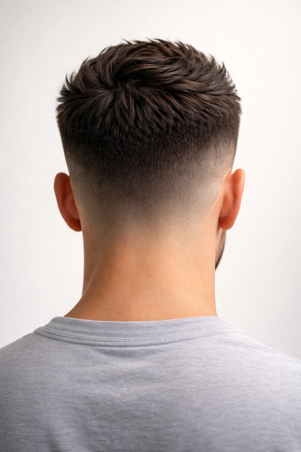 Back view of a tapered fade with connected length and defined nape