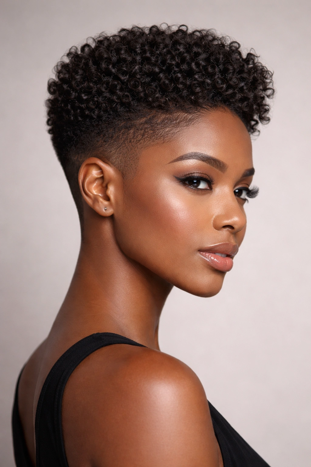 Close up portrait of Classic Tapered Fade with Full Crown showing tapered sides and full curled crown.