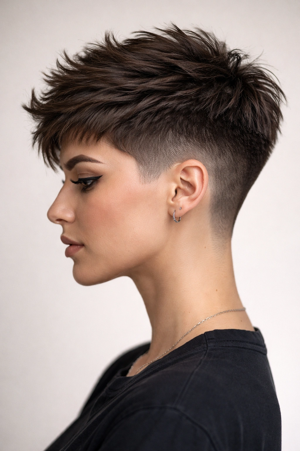 10 Funky Short Haircuts For Women Who Love Edge 7 Profile view of tapered fade with textured crown on short hair, studio lighting