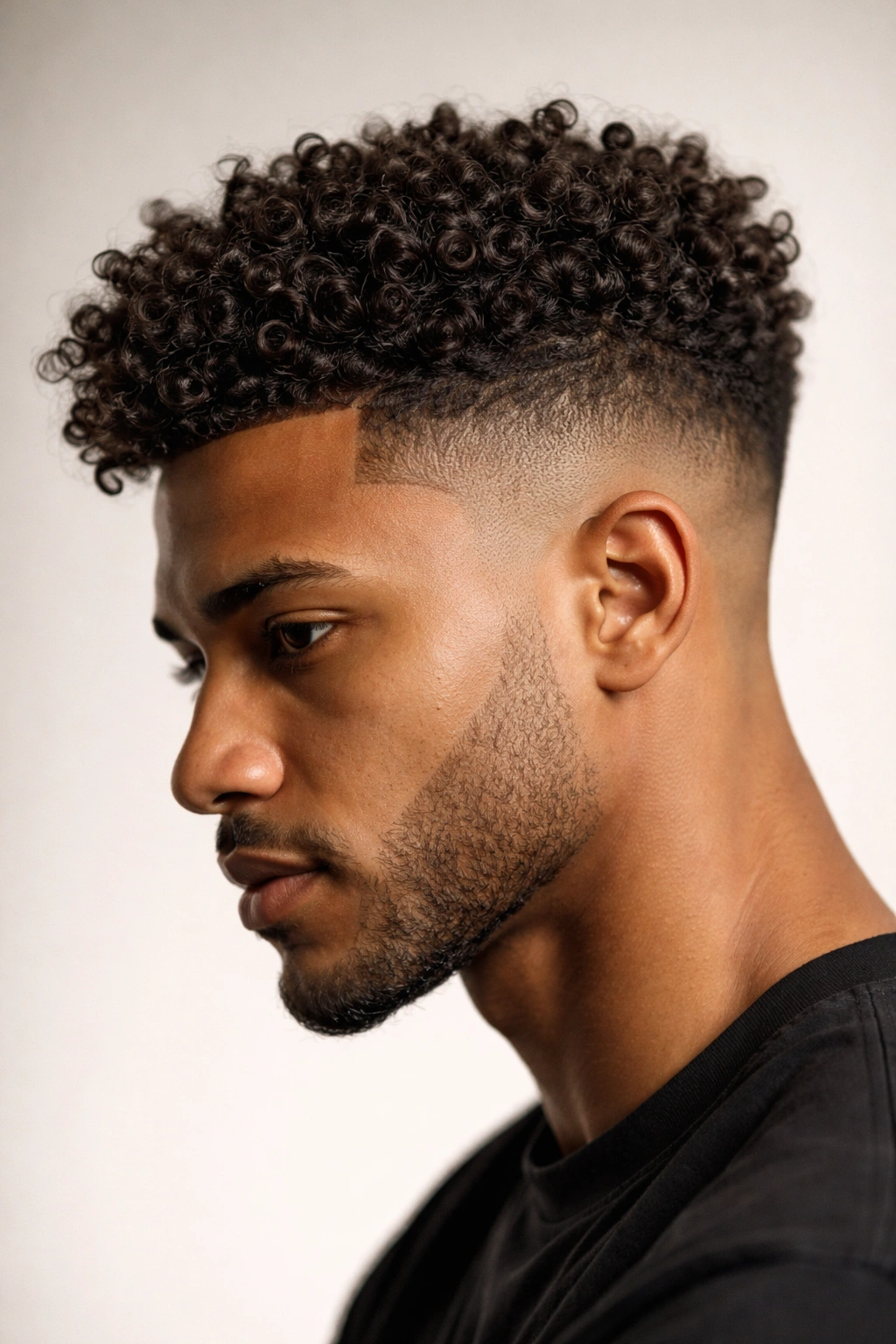 Close-up of tapered fade with curls on top