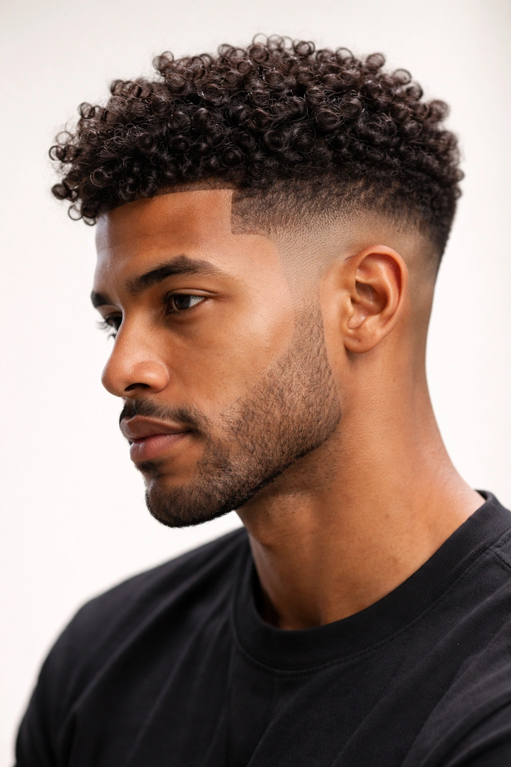 Portrait of a tapered fade with curls on top and strong contrast.