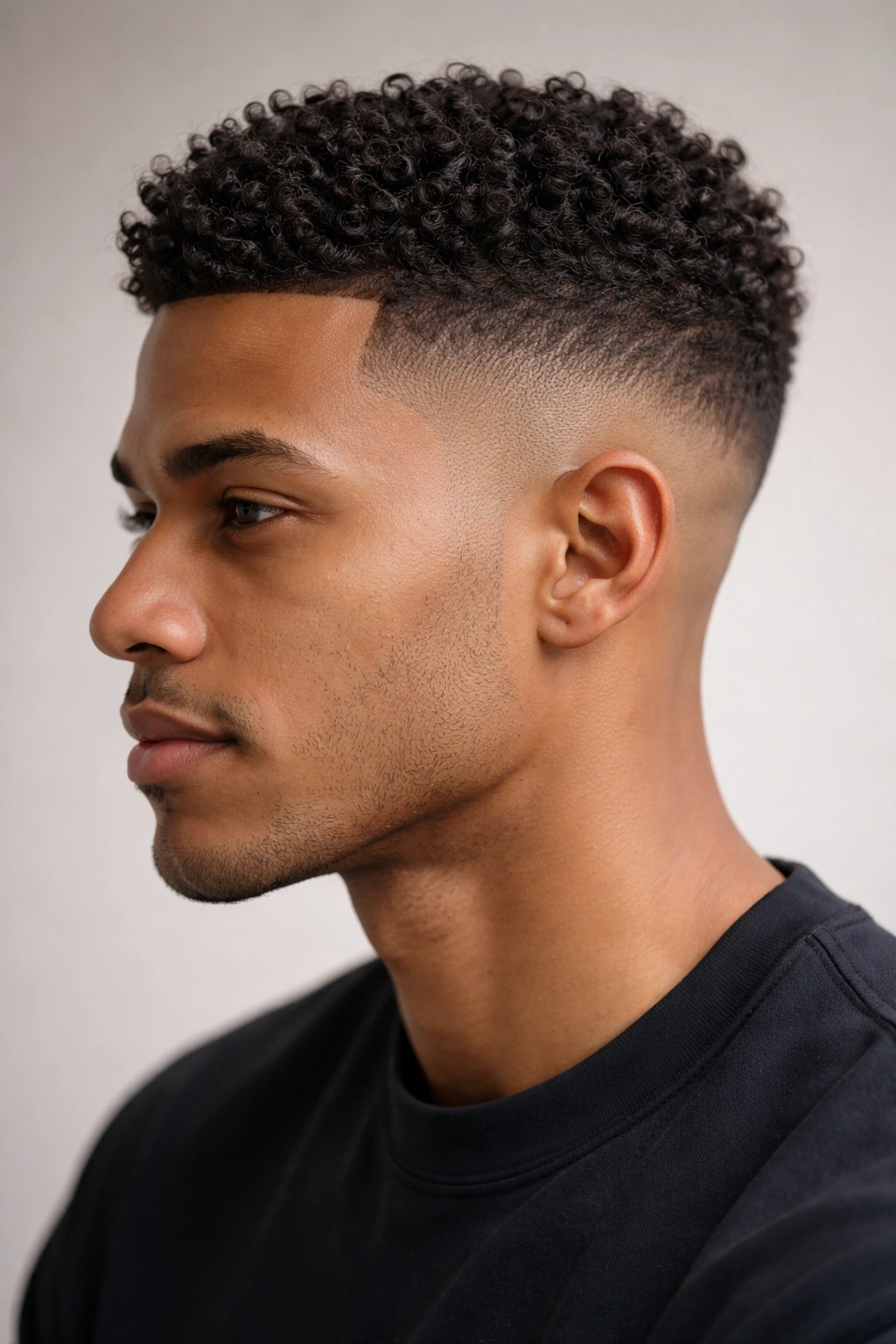 Profile view of a tapered fade with short sides and textured top