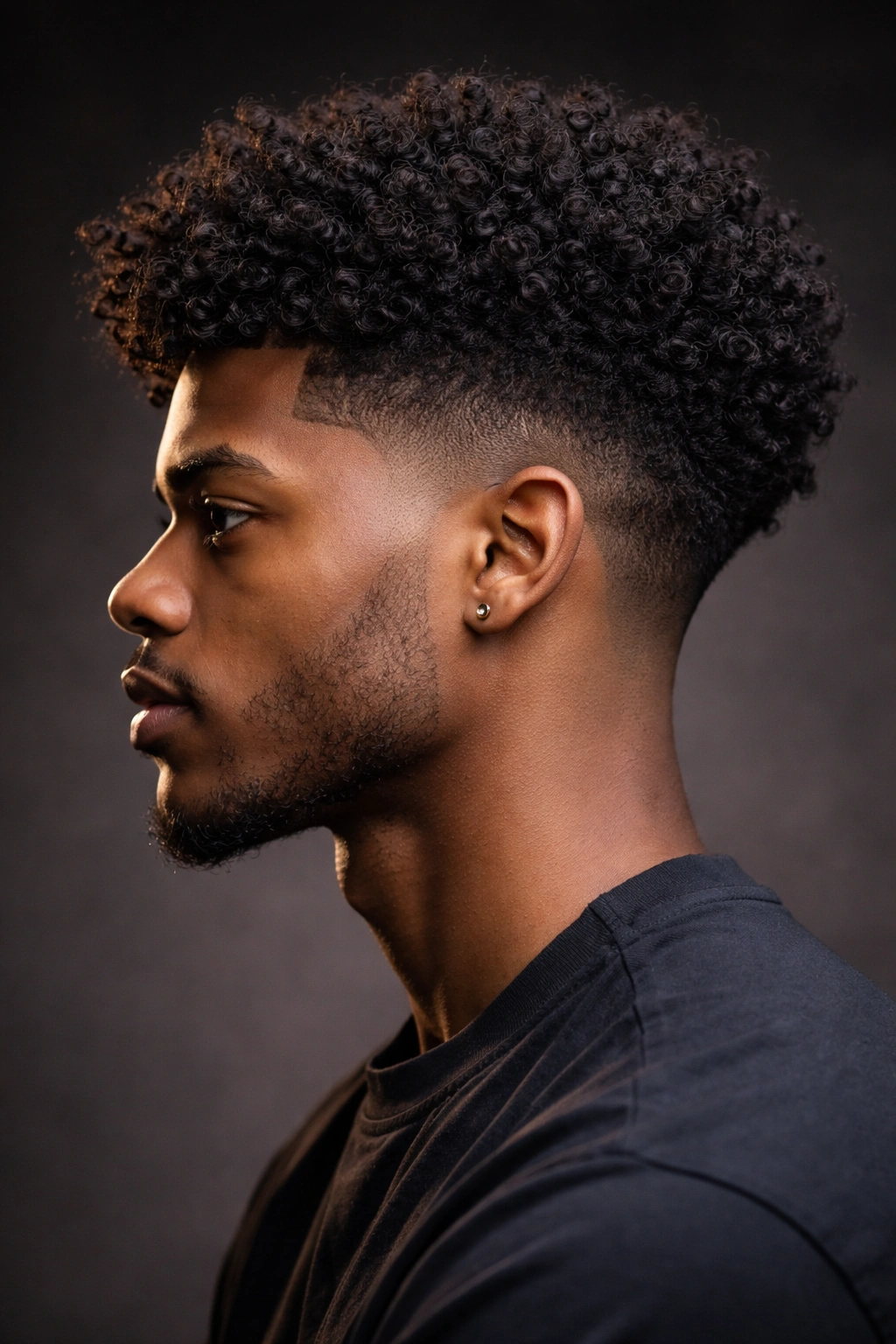 Side profile of tapered fade with curly fro showing fade contrast