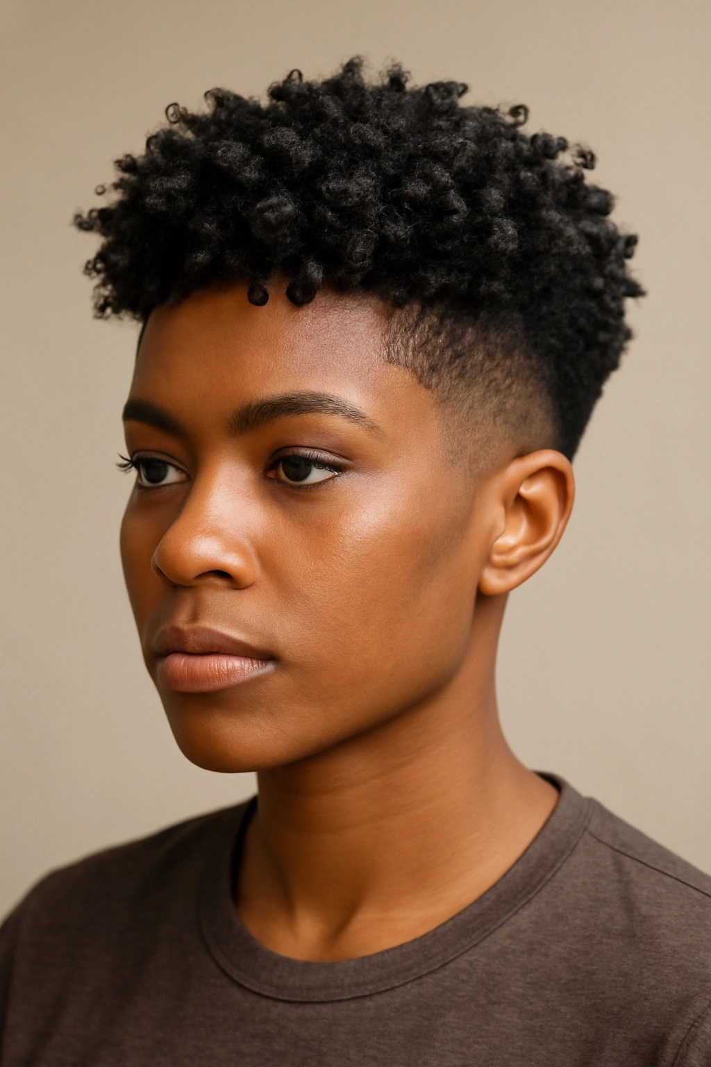 12 Short Curly Haircuts for Black Women to Copy Now 1 Close-up portrait of a Black woman with a tapered fade and textured top curls.